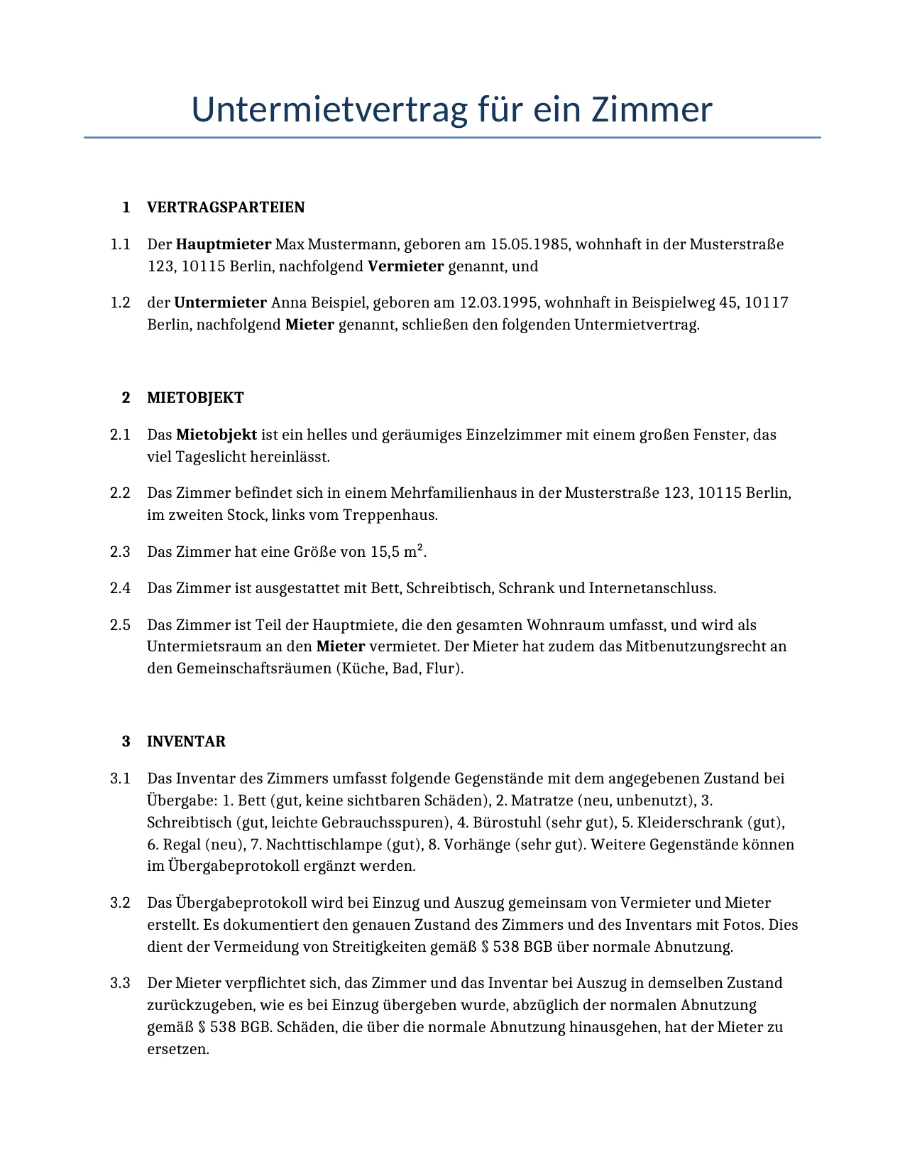 Beispiel für einen Untermietvertrag für ein Zimmer zur Verwendung in Deutschland, generiert von unserem KI-Modell.