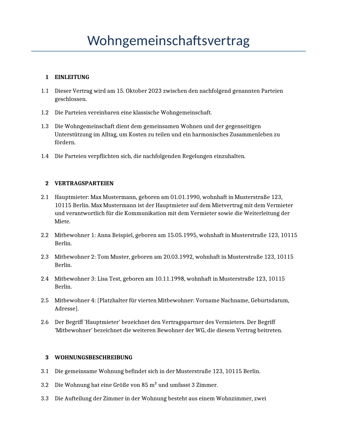 Beispiel für einen Wohngemeinschaftsvertrag zur Verwendung in Deutschland, generiert von unserem KI-Modell.