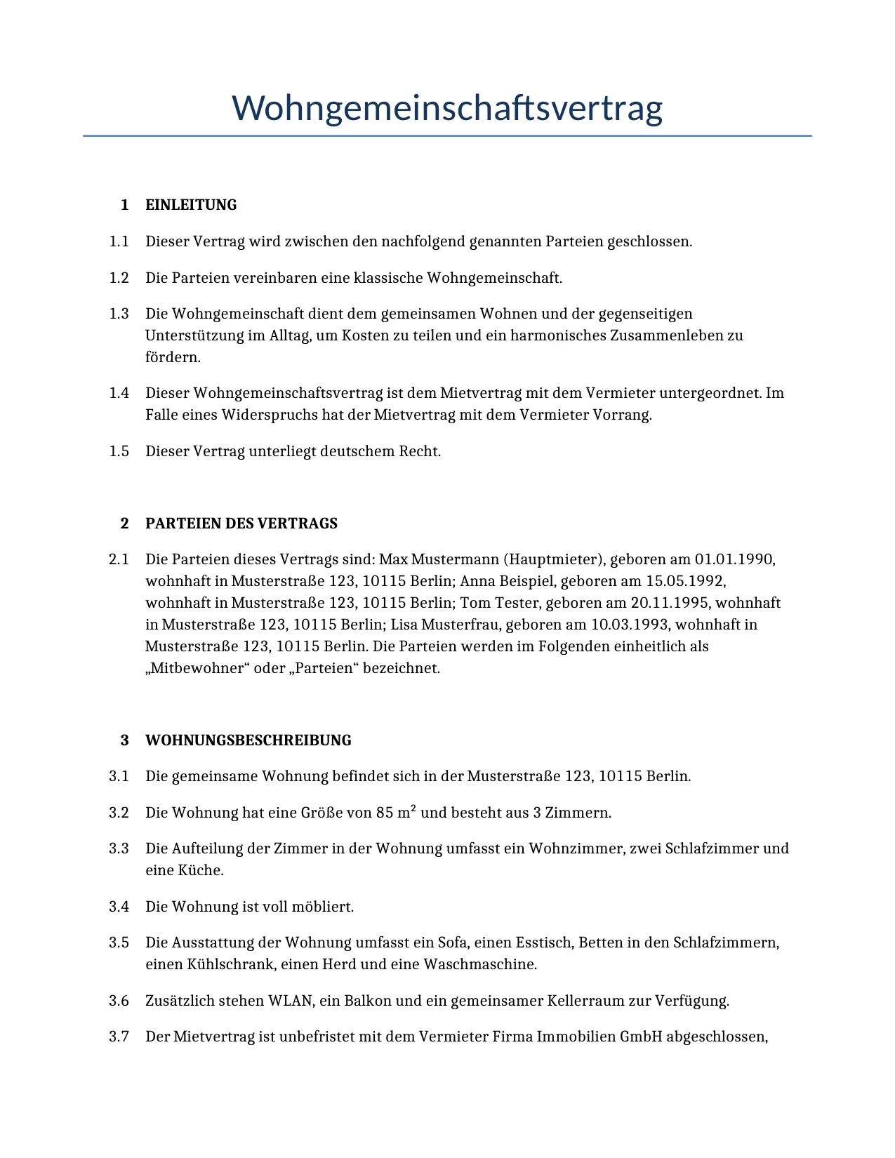 Beispiel für einen Wohngemeinschaftsvertrag zur Verwendung in Deutschland, generiert von unserem KI-Modell.