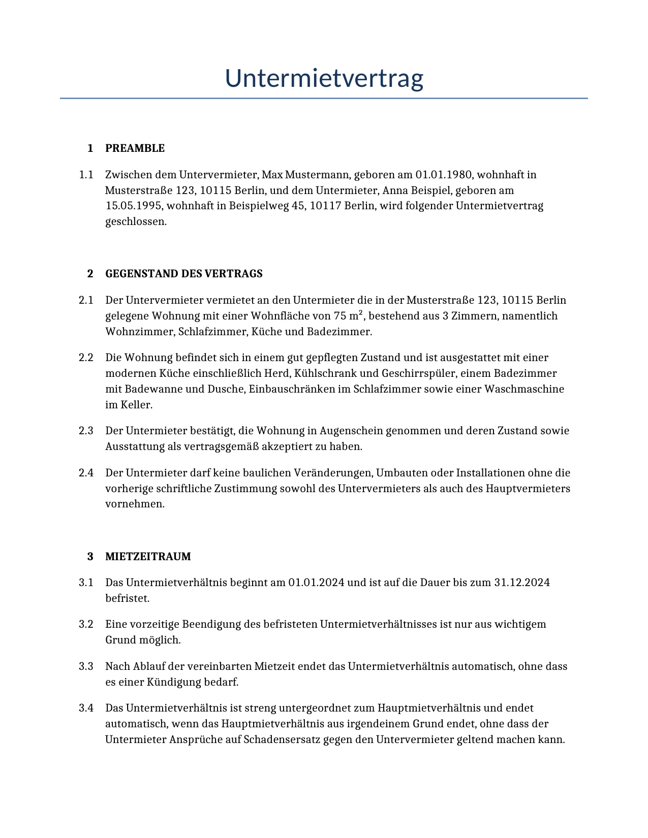 Beispiel für einen Untermietvertrag zur Verwendung in Deutschland, generiert von unserem KI-Modell.