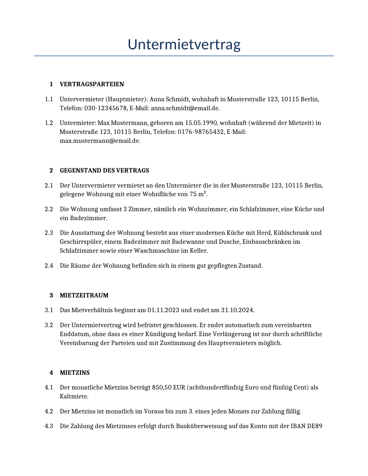 Beispiel für einen Untermietvertrag zur Verwendung in Deutschland, generiert von unserem KI-Modell.