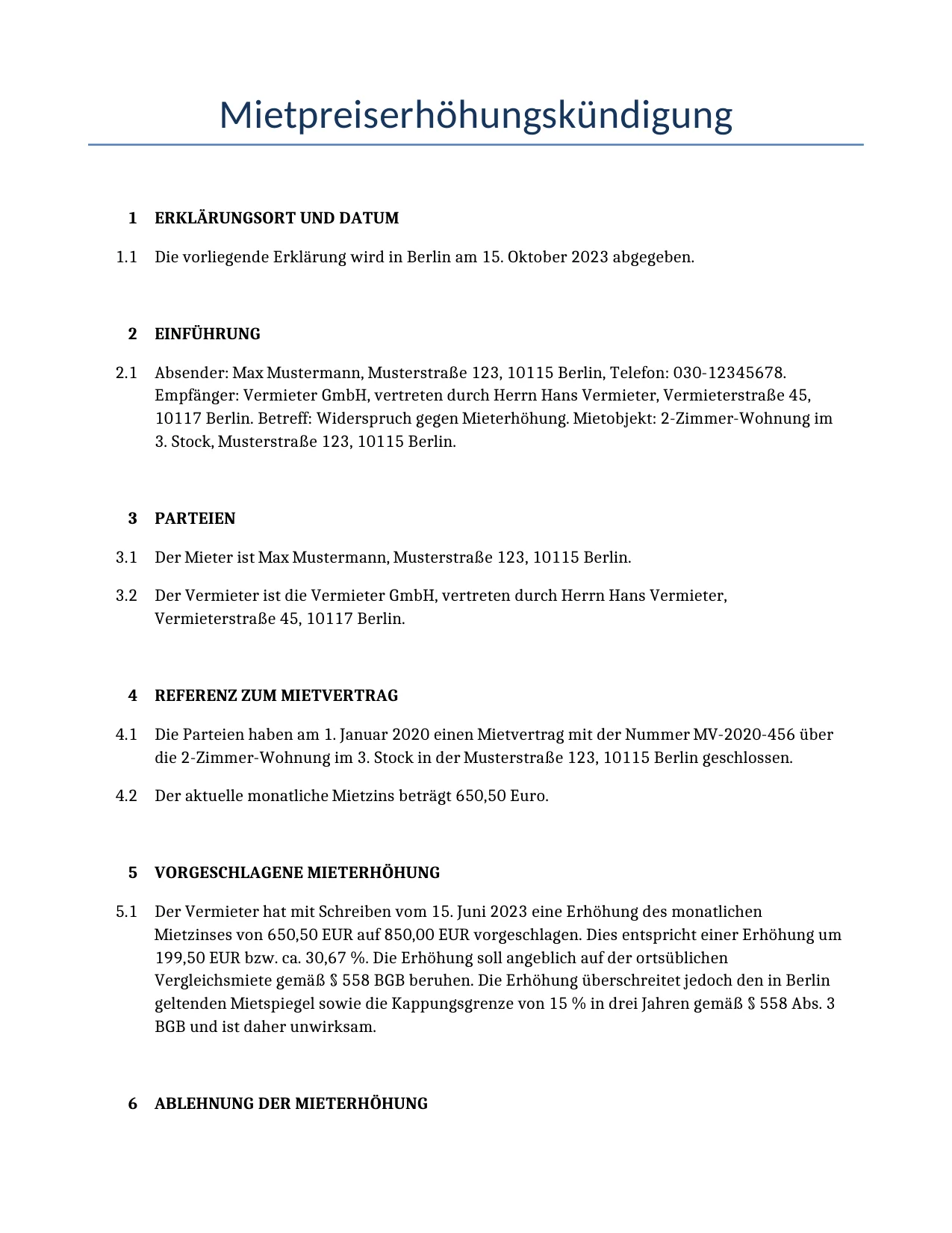 Beispiel für einen Mietpreiserhöhungskündigung zur Verwendung in Deutschland, generiert von unserem KI-Modell.