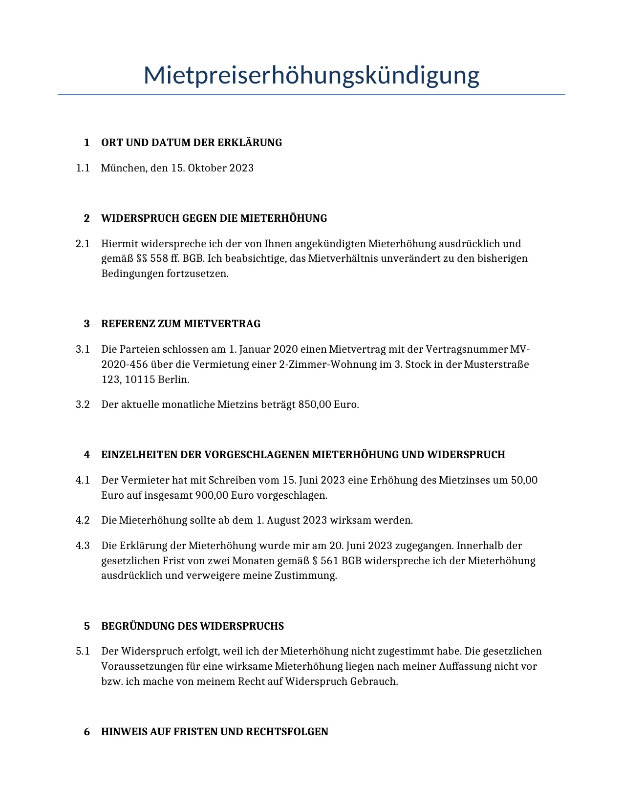 Beispiel für einen Mietpreiserhöhungskündigung zur Verwendung in Deutschland, generiert von unserem KI-Modell.