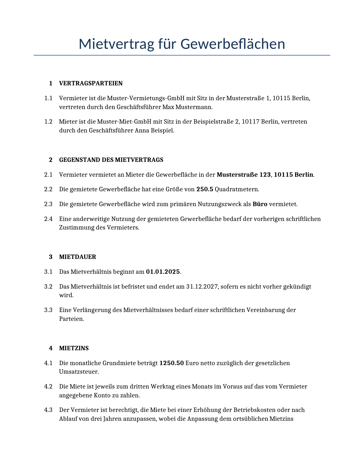 Beispiel für einen Mietvertrag für Gewerbeflächen zur Verwendung in Deutschland, generiert von unserem KI-Modell.