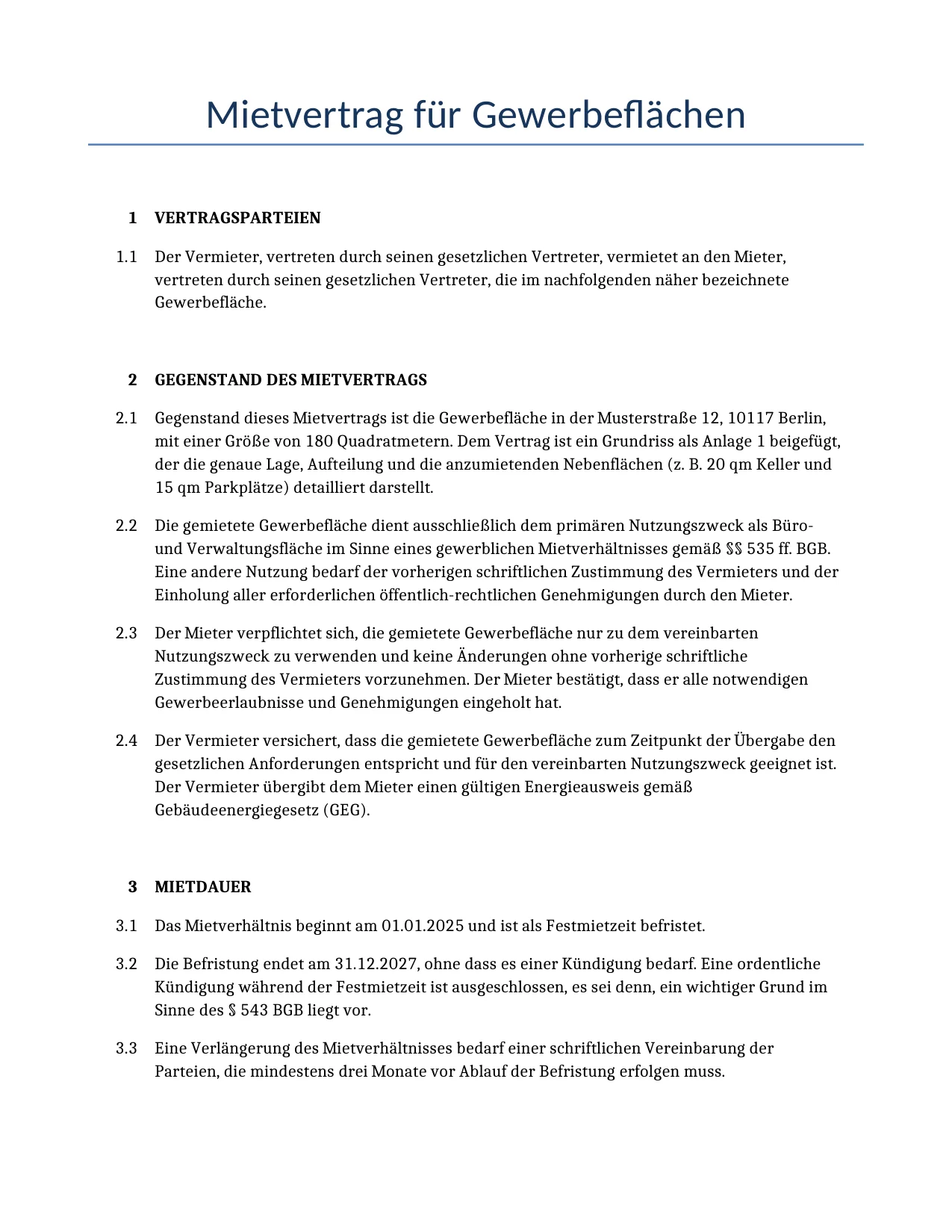 Beispiel für einen Mietvertrag für Gewerbeflächen zur Verwendung in Deutschland, generiert von unserem KI-Modell.