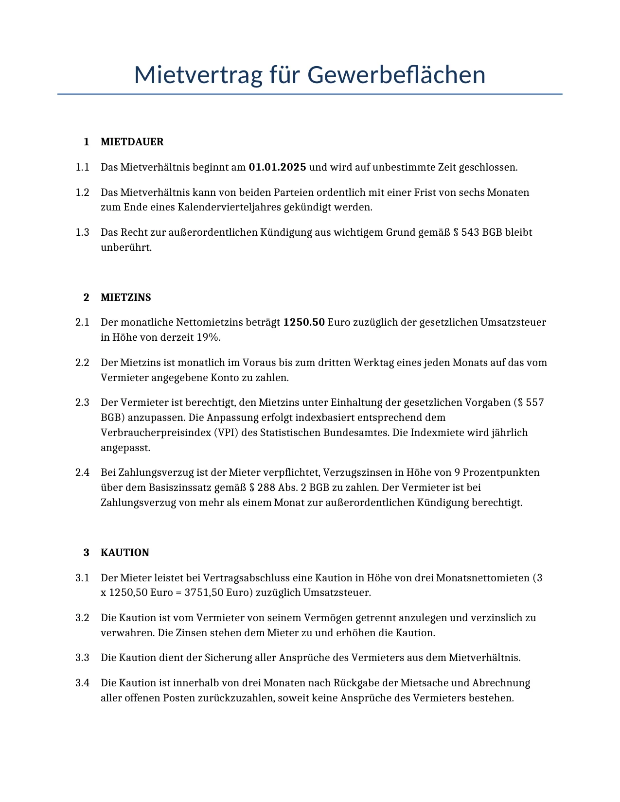 Beispiel für einen Mietvertrag für Gewerbeflächen zur Verwendung in Deutschland, generiert von unserem KI-Modell.
