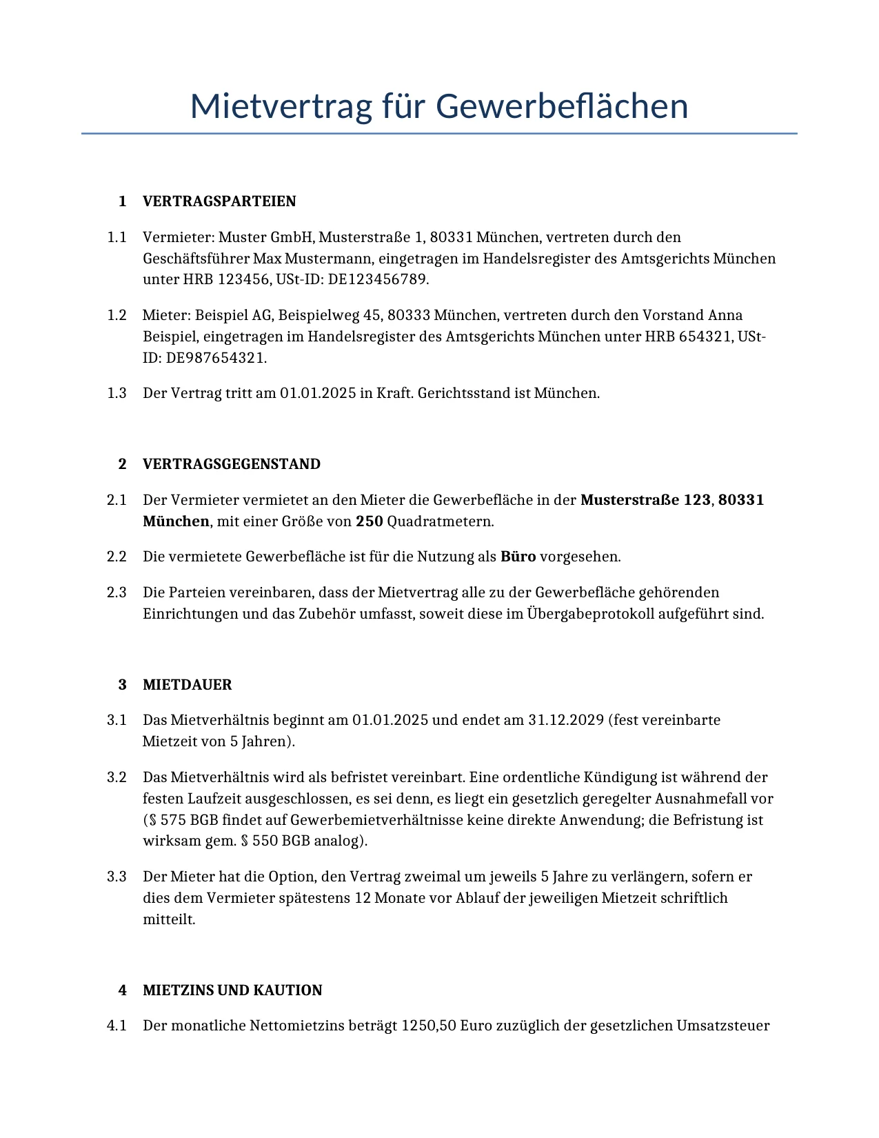 Beispiel für einen Mietvertrag für Gewerbeflächen zur Verwendung in Deutschland, generiert von unserem KI-Modell.