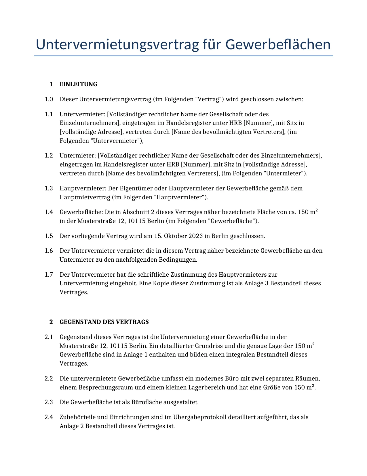 Beispiel für einen Untervermietungsvertrag für Gewerbeflächen zur Verwendung in Deutschland, generiert von unserem KI-Modell.