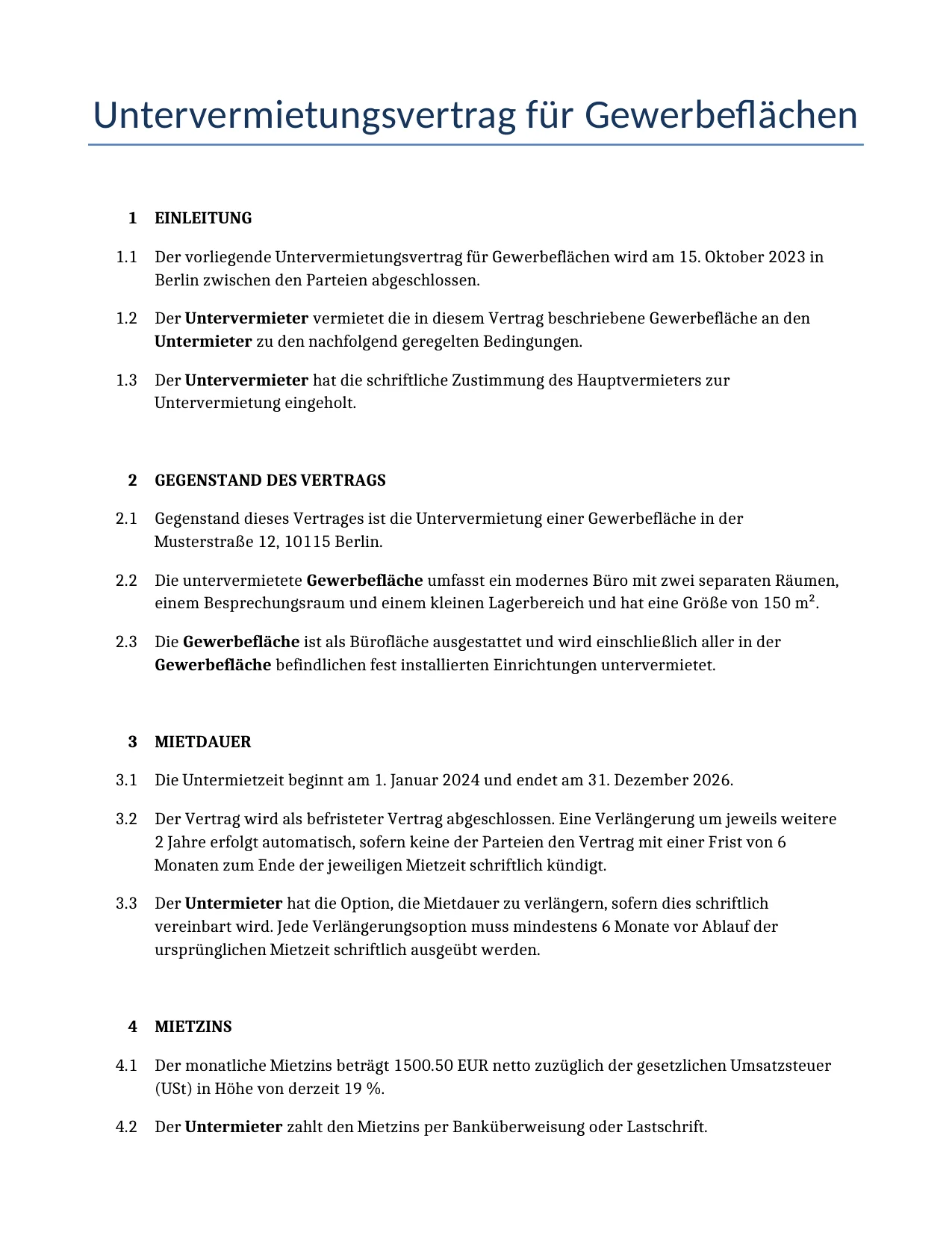 Beispiel für einen Untervermietungsvertrag für Gewerbeflächen zur Verwendung in Deutschland, generiert von unserem KI-Modell.