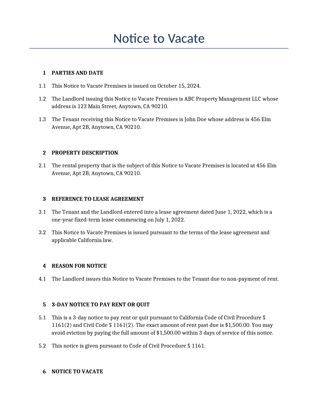 Example of a Notice to Vacate for use in the United States</b> generated by our AI model.