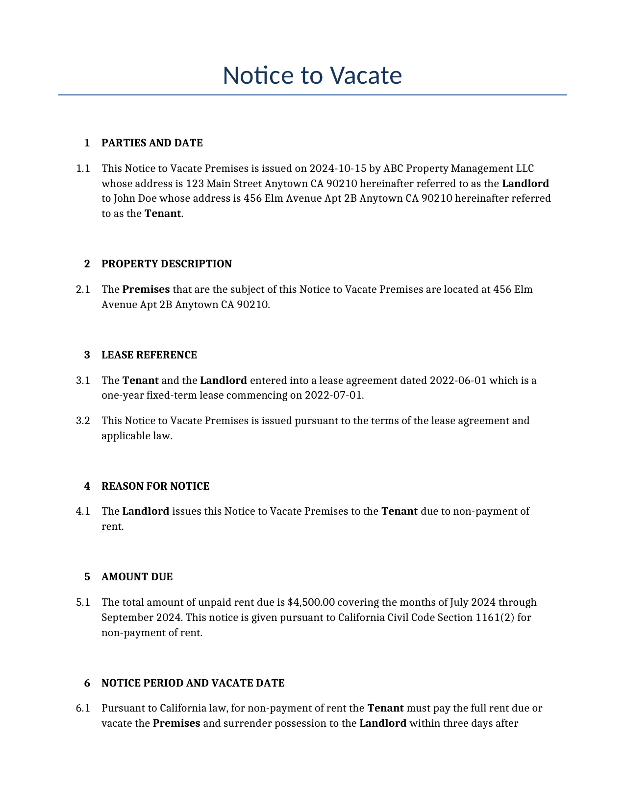 Example of a Notice to Vacate for use in the United States</b> generated by our AI model.