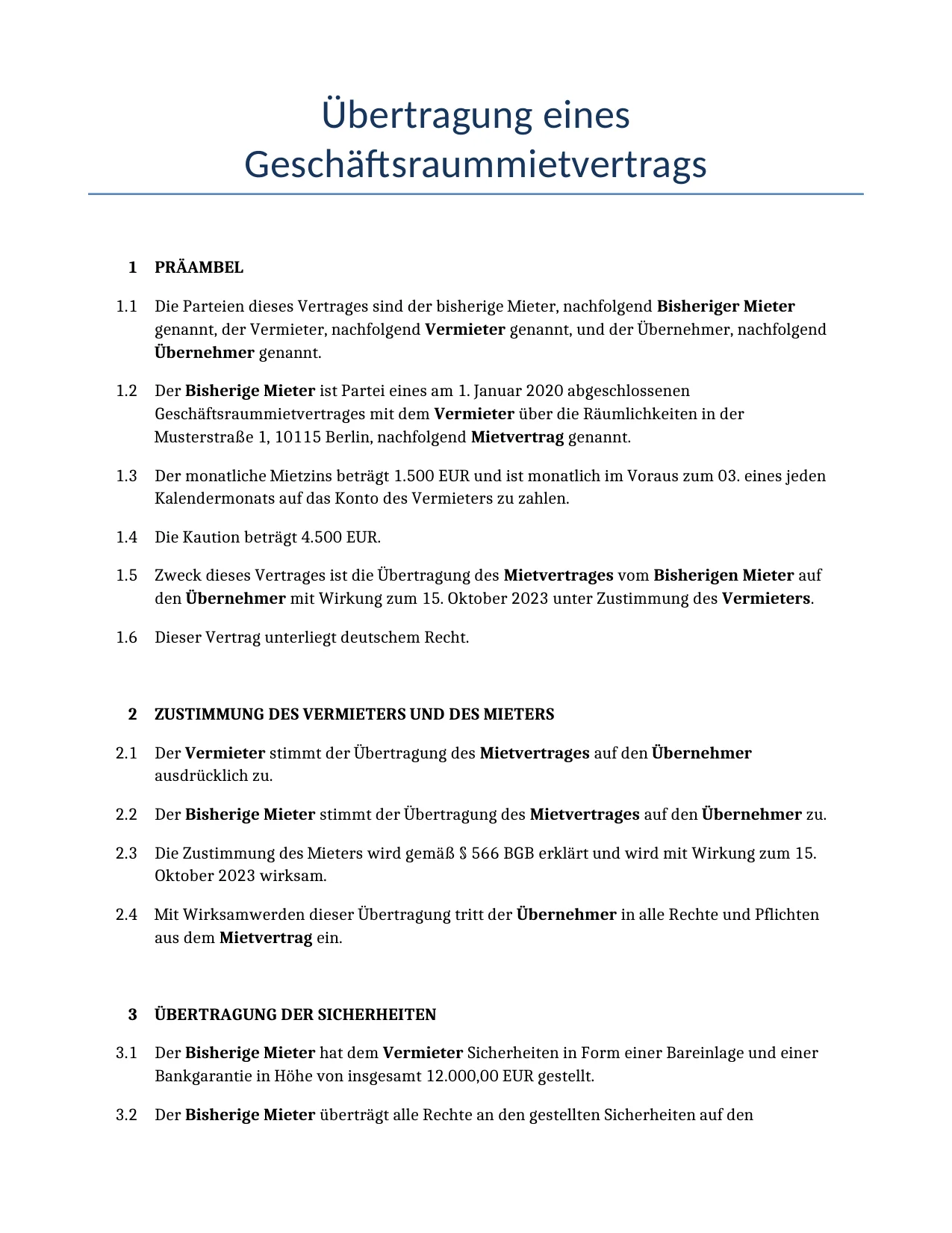Beispiel für einen Übertragung eines Geschäftsraummietvertrags zur Verwendung in Deutschland, generiert von unserem KI-Modell.