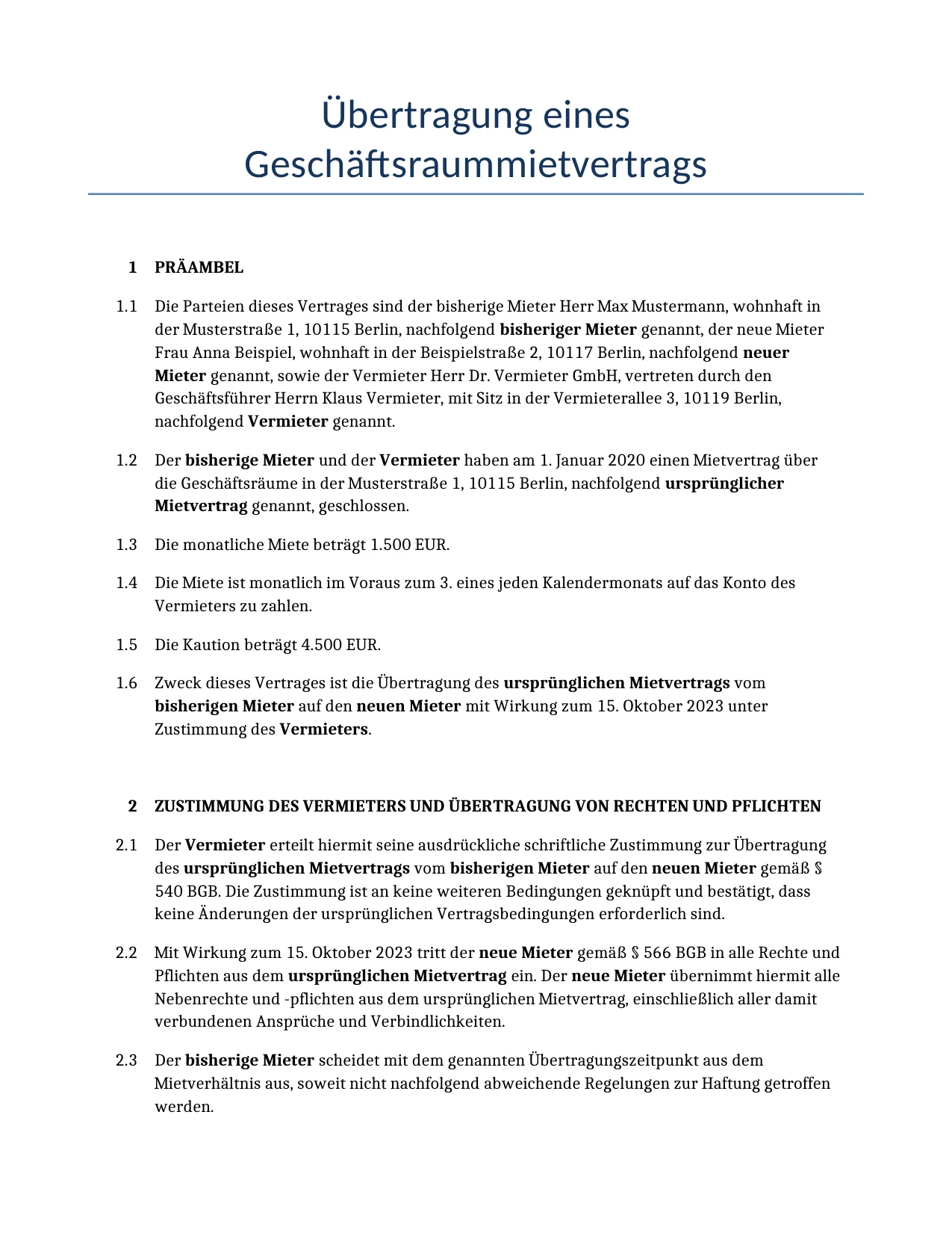 Beispiel für einen Übertragung eines Geschäftsraummietvertrags zur Verwendung in Deutschland, generiert von unserem KI-Modell.