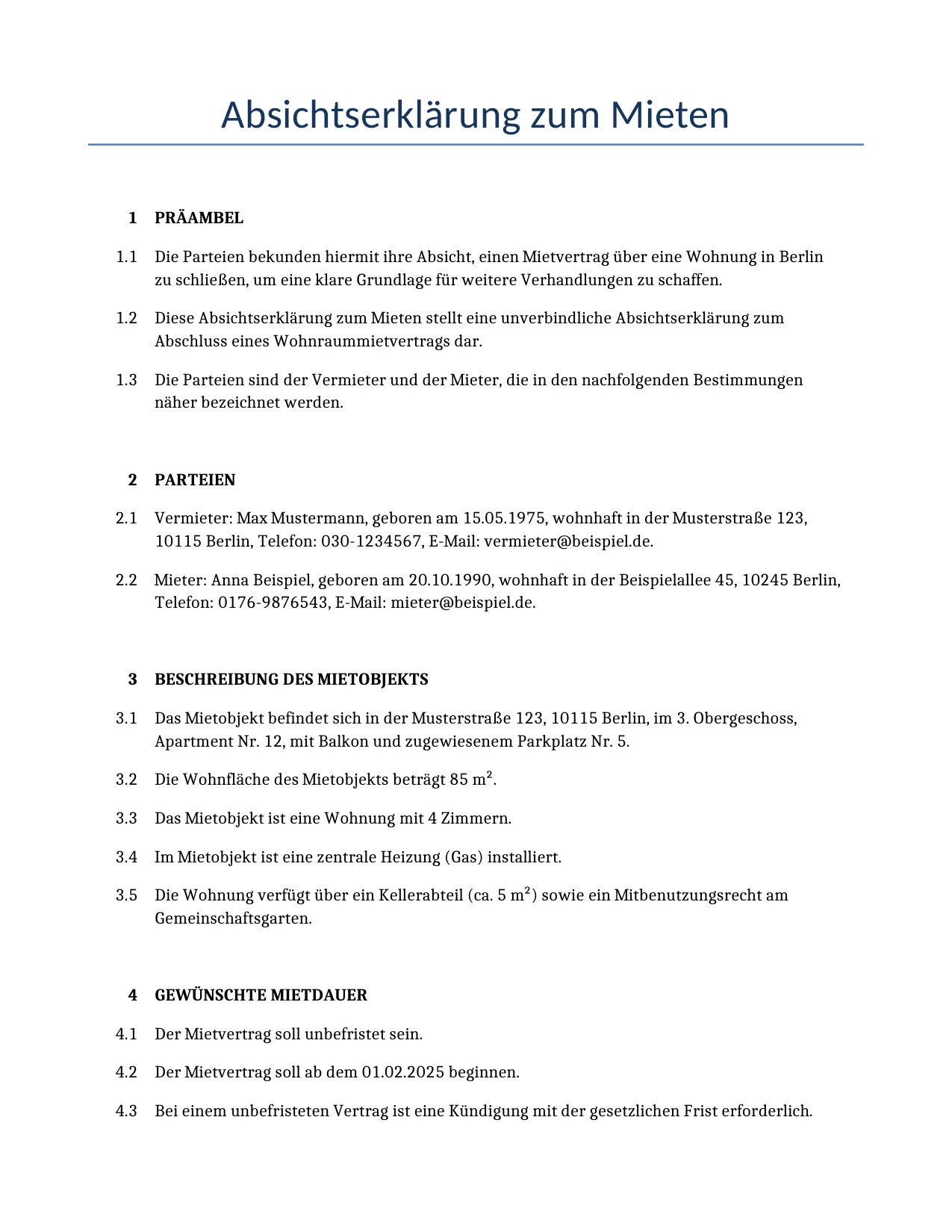 Beispiel für einen Absichtserklärung zum Mieten zur Verwendung in Deutschland, generiert von unserem KI-Modell.