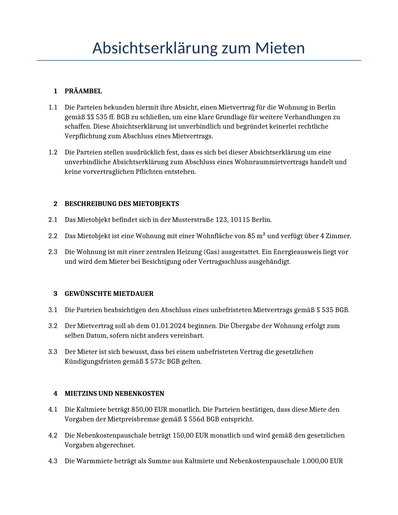 Beispiel für einen Absichtserklärung zum Mieten zur Verwendung in Deutschland, generiert von unserem KI-Modell.