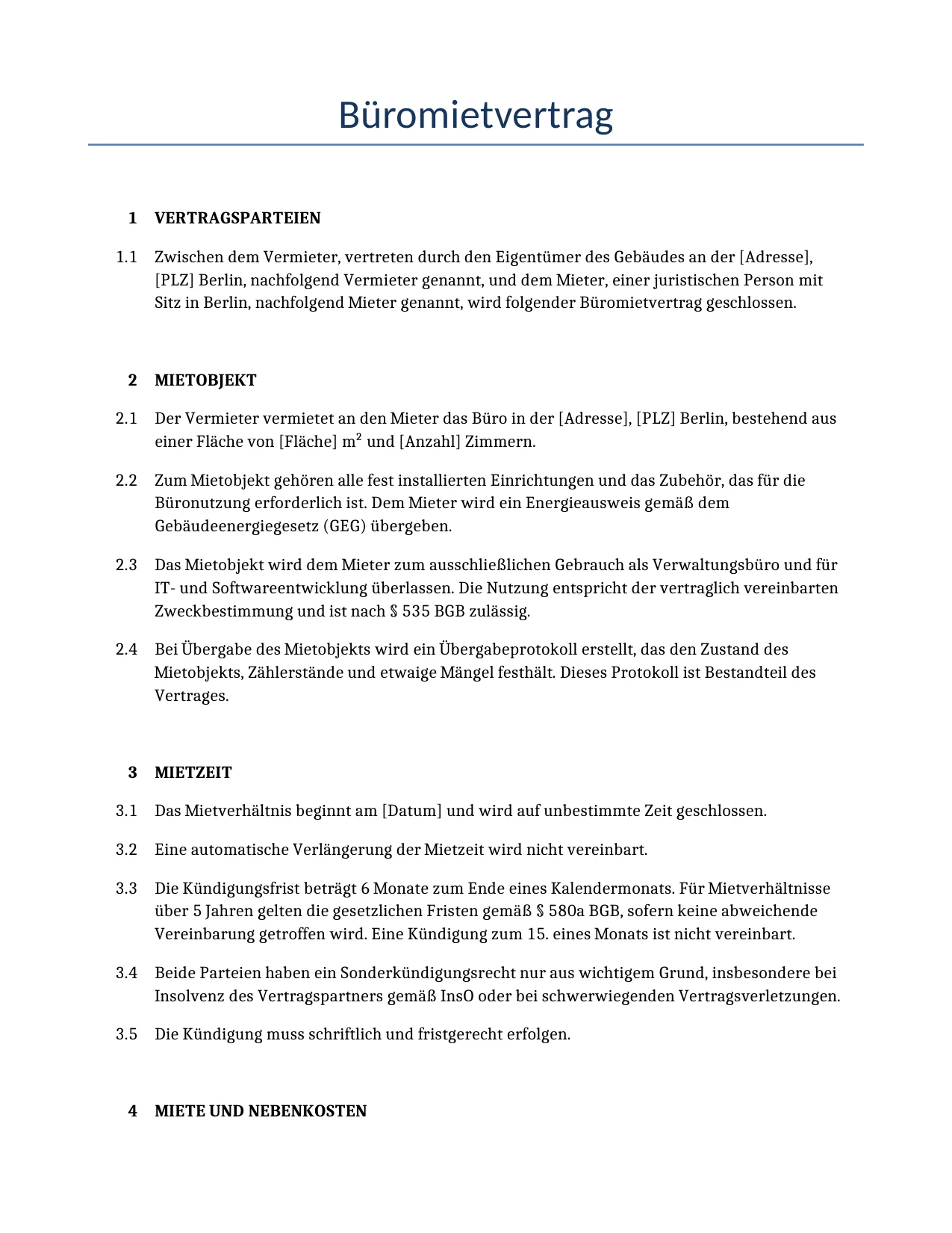 Beispiel für einen Büromietvertrag zur Verwendung in Deutschland, generiert von unserem KI-Modell.
