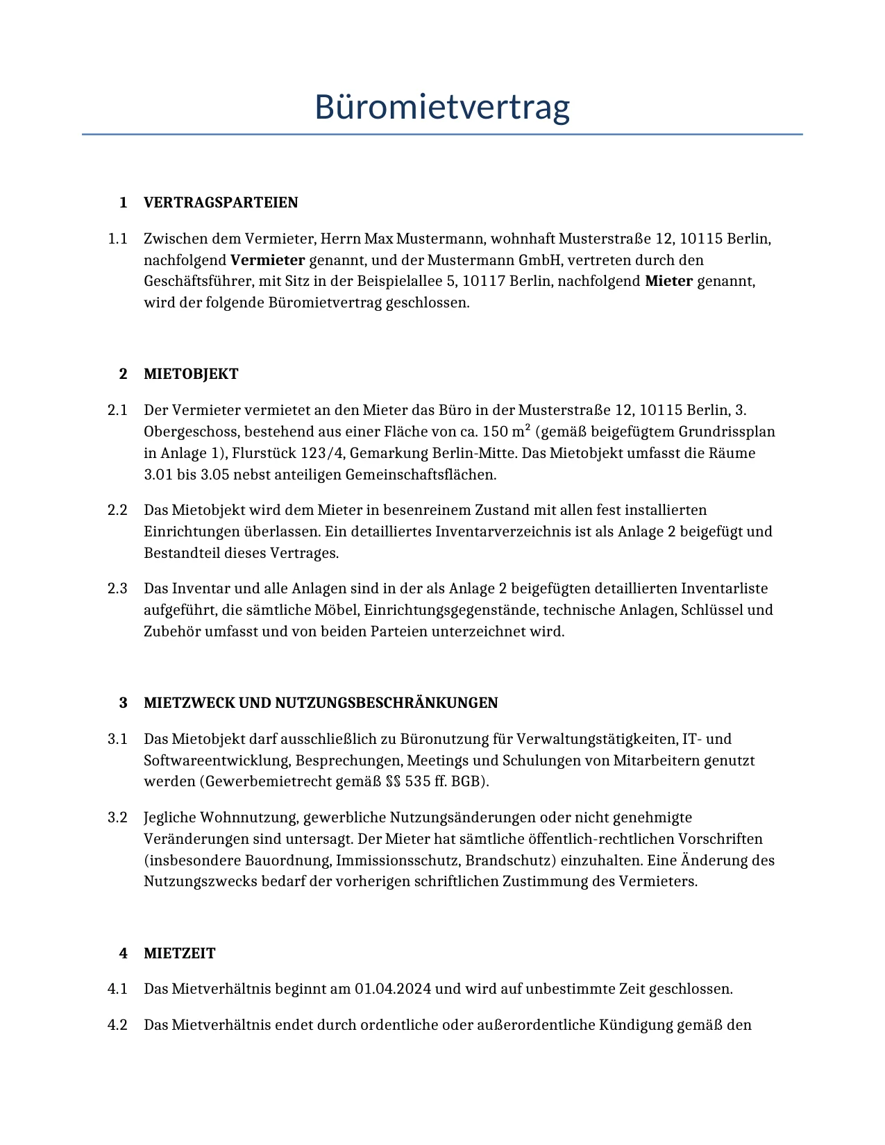 Beispiel für einen Büromietvertrag zur Verwendung in Deutschland, generiert von unserem KI-Modell.