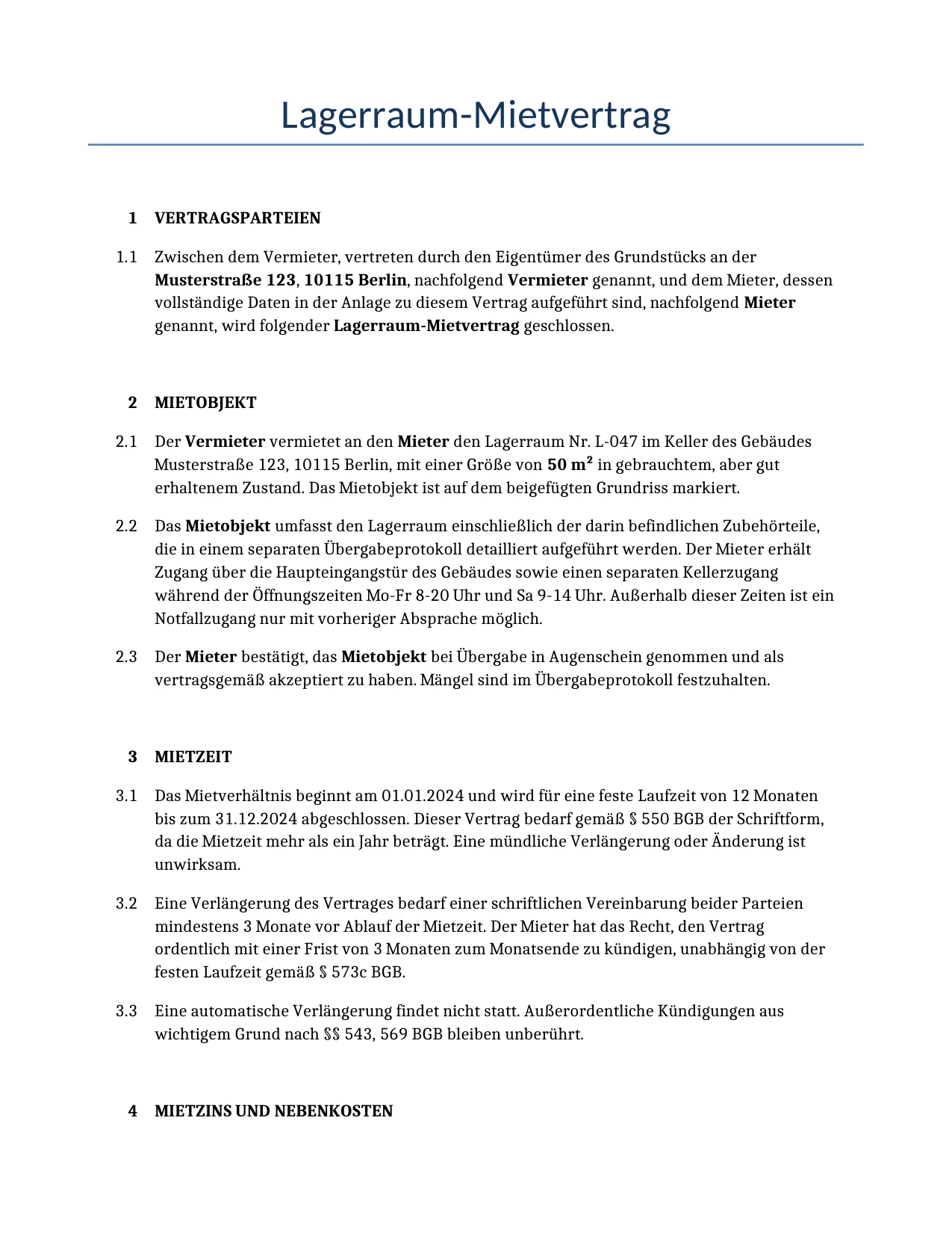Beispiel für einen Lagerraum-Mietvertrag zur Verwendung in Deutschland, generiert von unserem KI-Modell.