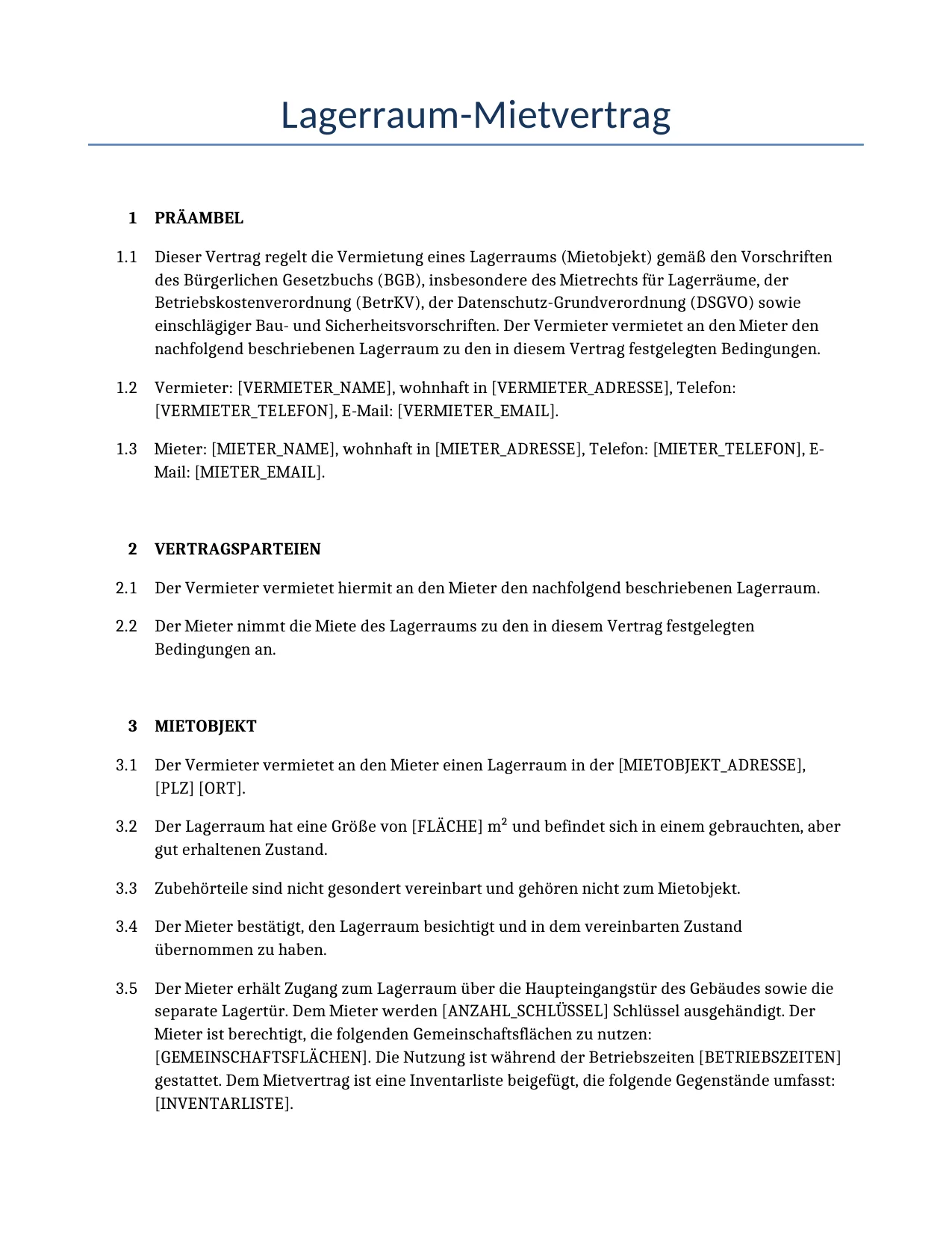 Beispiel für einen Lagerraum-Mietvertrag zur Verwendung in Deutschland, generiert von unserem KI-Modell.