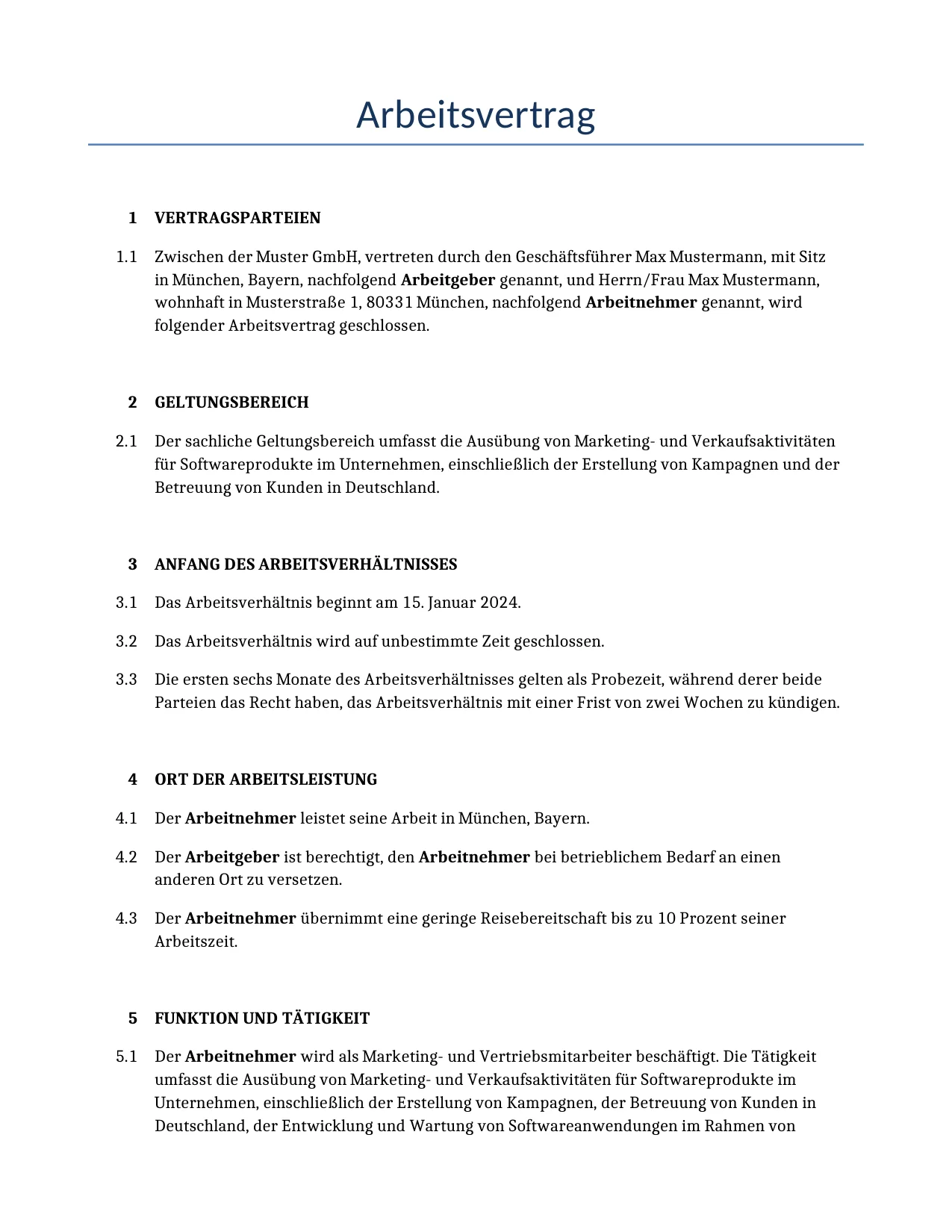 Beispiel für einen Arbeitsvertrag zur Verwendung in Deutschland, generiert von unserem KI-Modell.