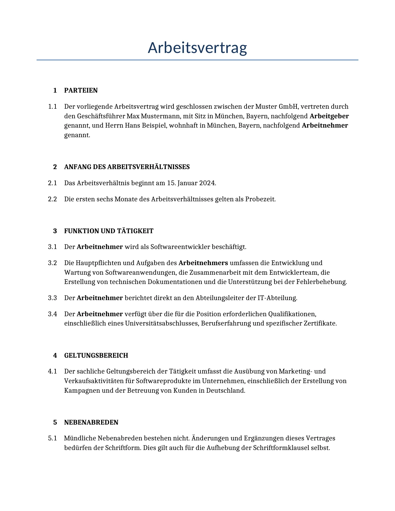 Beispiel für einen Arbeitsvertrag zur Verwendung in Deutschland, generiert von unserem KI-Modell.