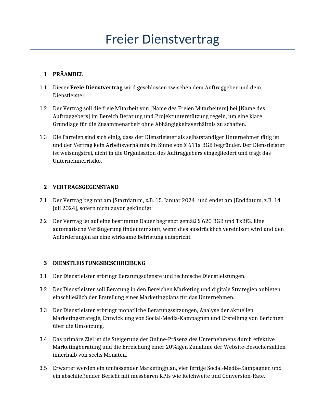Beispiel für einen Freier Dienstvertrag zur Verwendung in Deutschland, generiert von unserem KI-Modell.