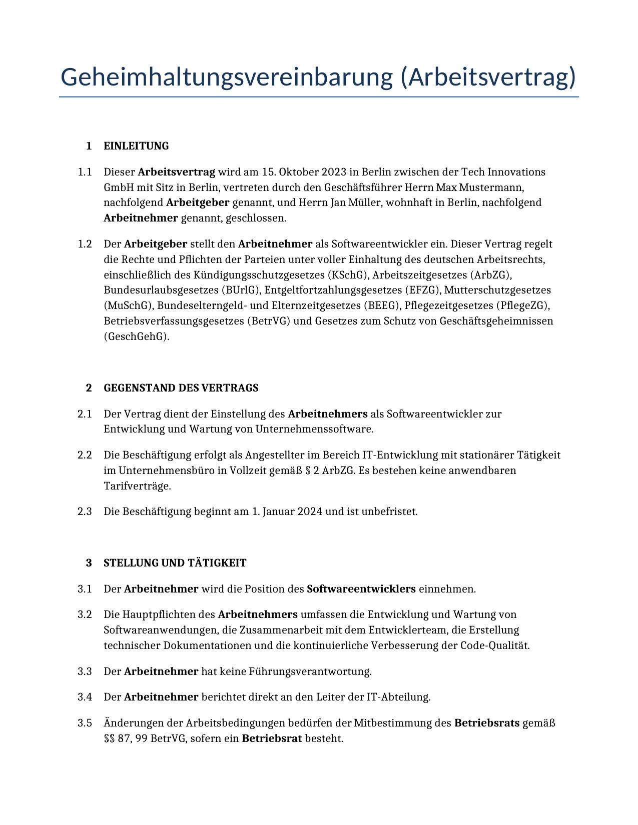 Beispiel für einen Geheimhaltungsvereinbarung (Arbeitsvertrag) zur Verwendung in Deutschland, generiert von unserem KI-Modell.