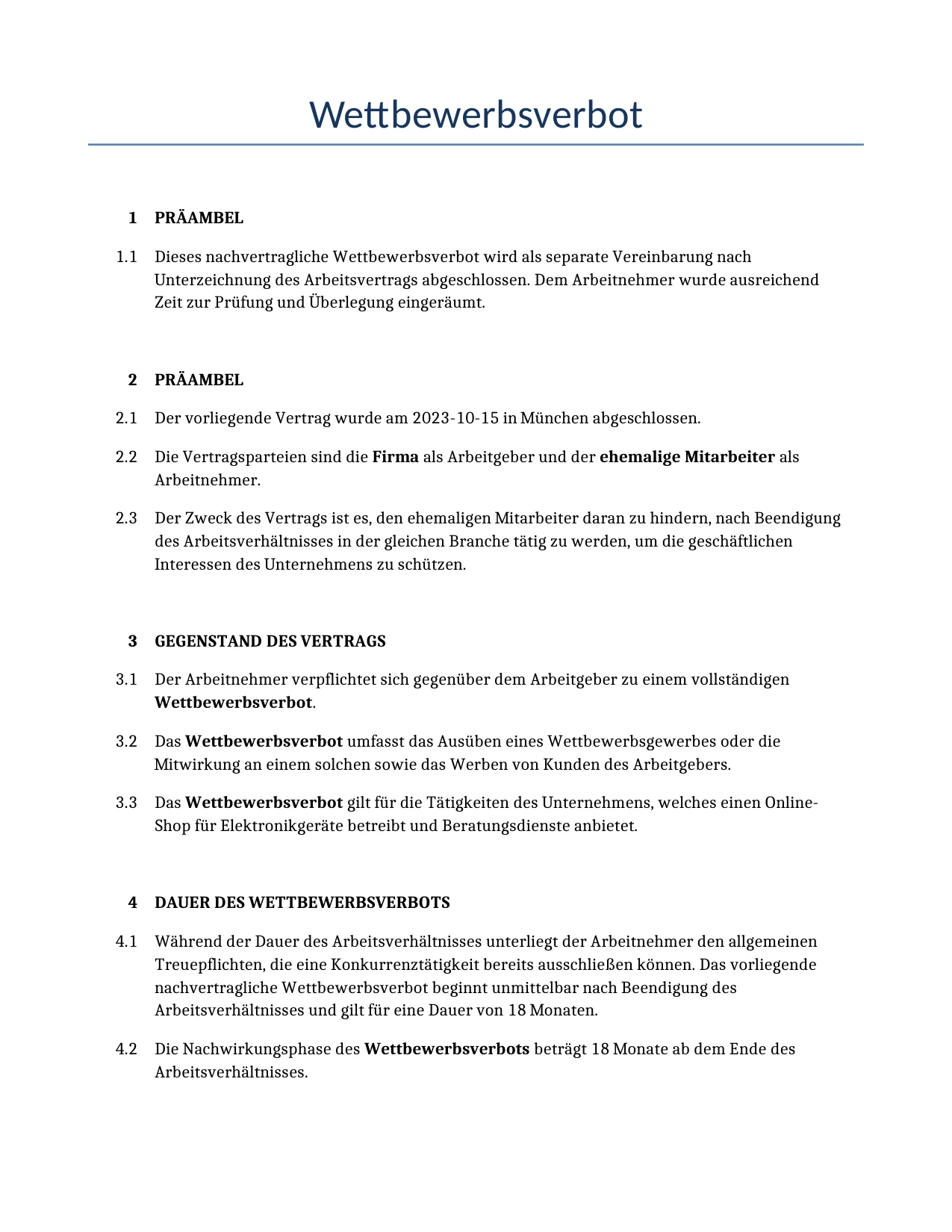 Beispiel für einen Wettbewerbsverbot zur Verwendung in Deutschland, generiert von unserem KI-Modell.
