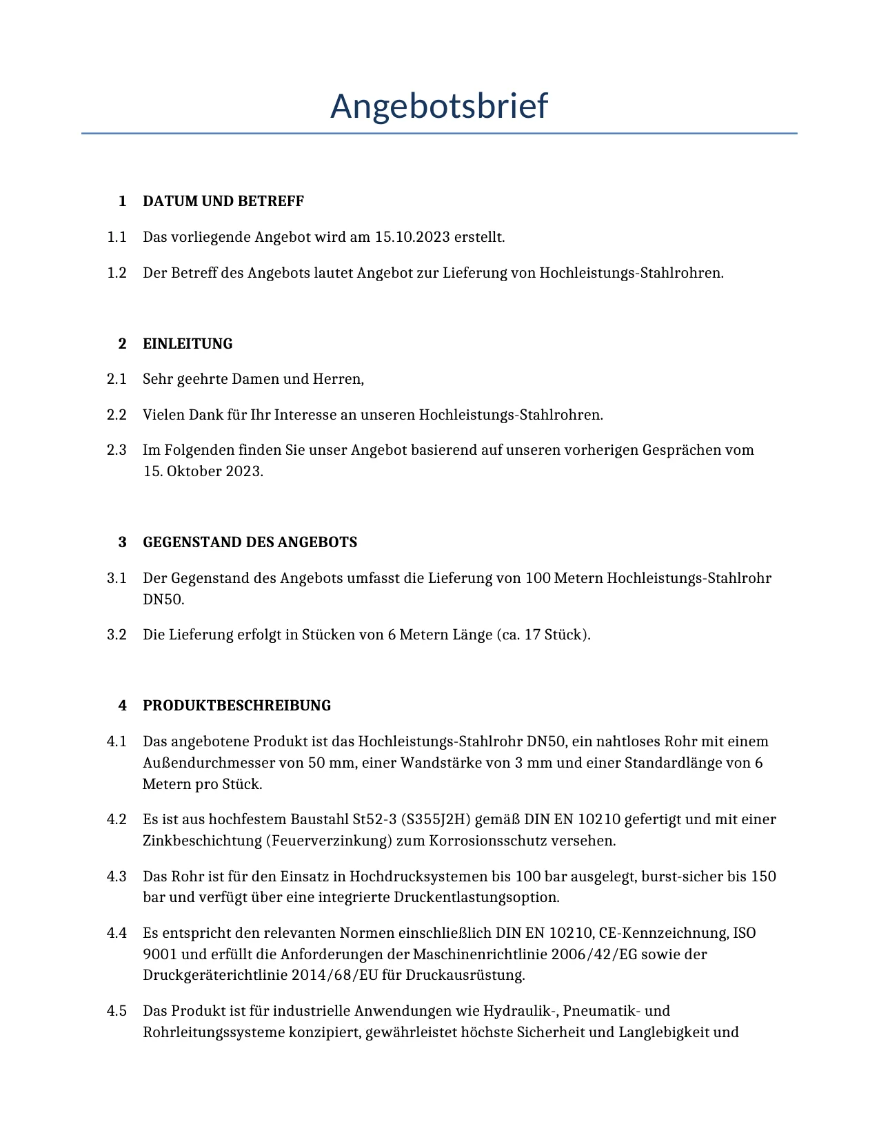 Beispiel für einen Angebotsbrief zur Verwendung in Deutschland, generiert von unserem KI-Modell.