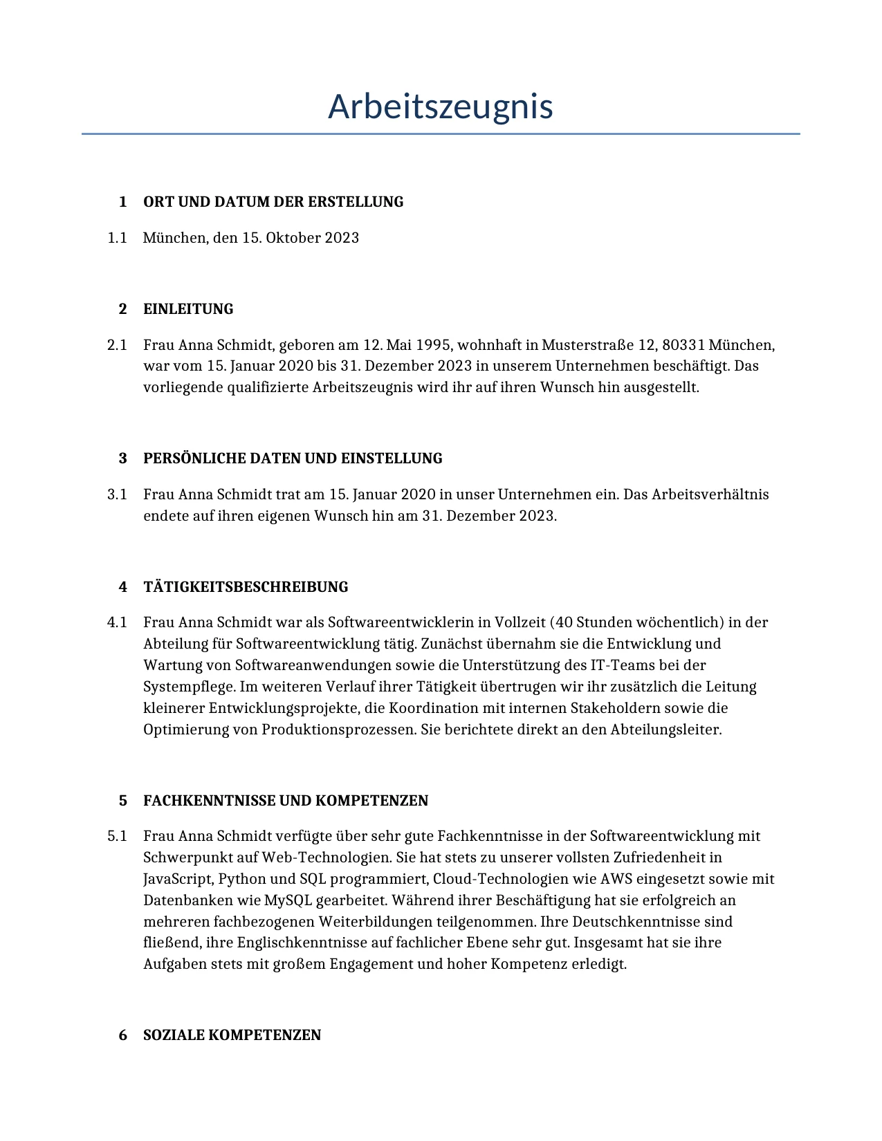 Beispiel für einen Arbeitszeugnis zur Verwendung in Deutschland, generiert von unserem KI-Modell.