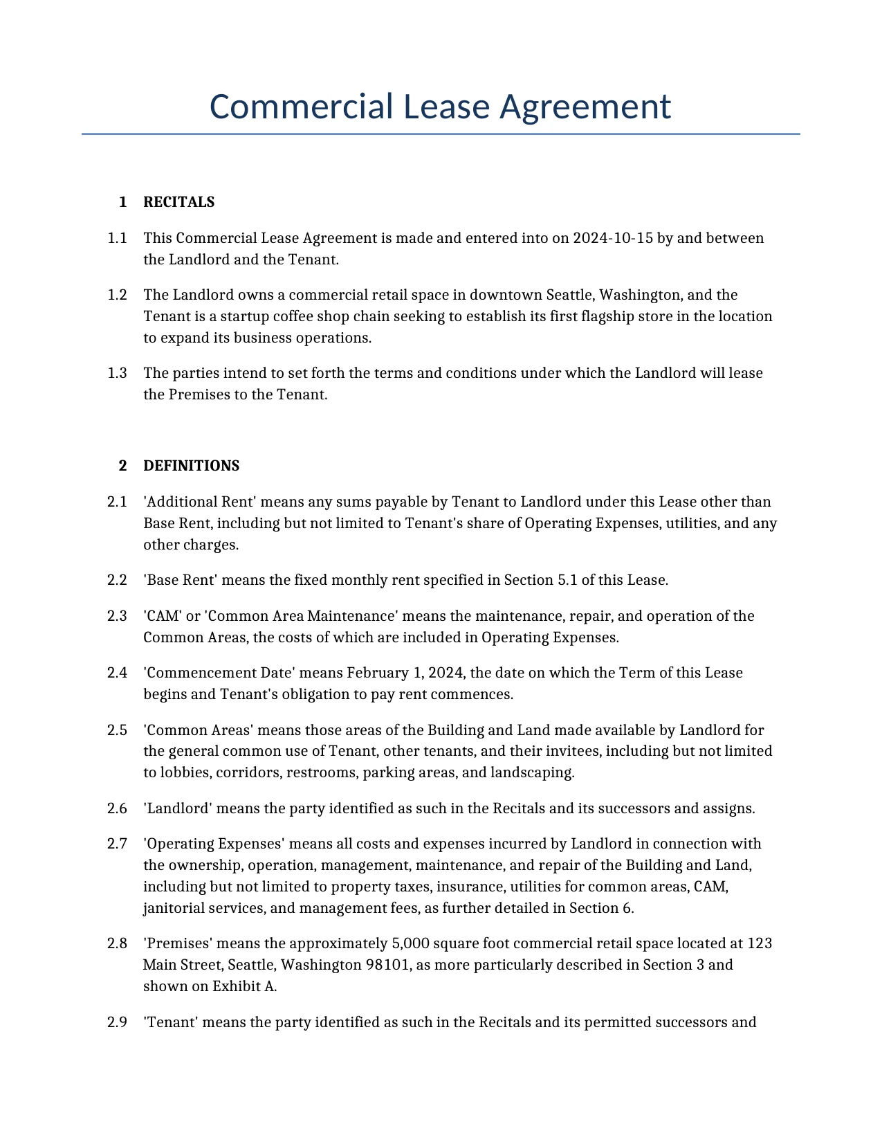Example of a Commercial Lease Agreement for use in the United States</b> generated by our AI model. 