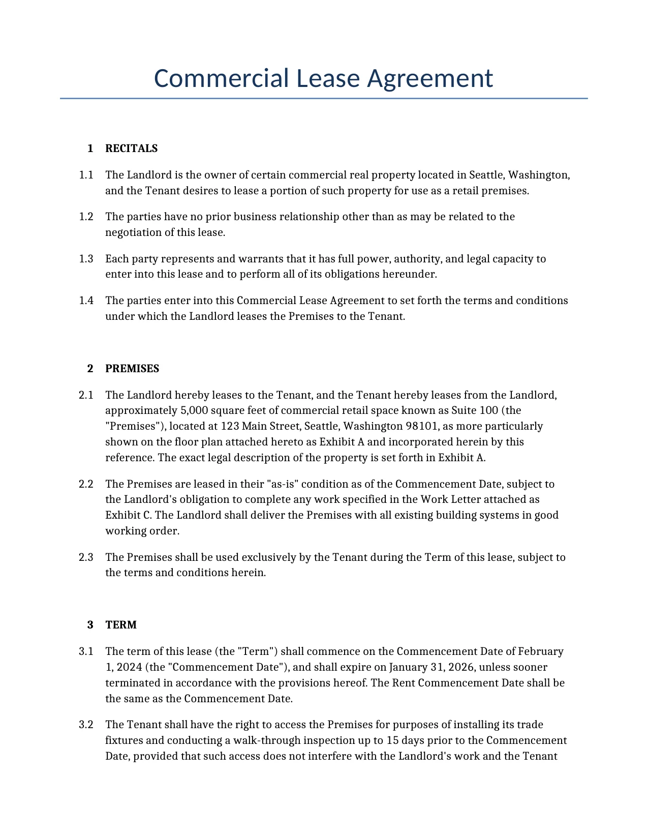 Example of a Commercial Lease Agreement for use in the United States</b> generated by our AI model. 