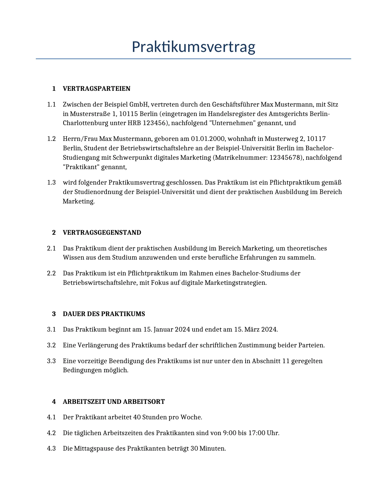 Beispiel für einen Praktikumsvertrag zur Verwendung in Deutschland, generiert von unserem KI-Modell.