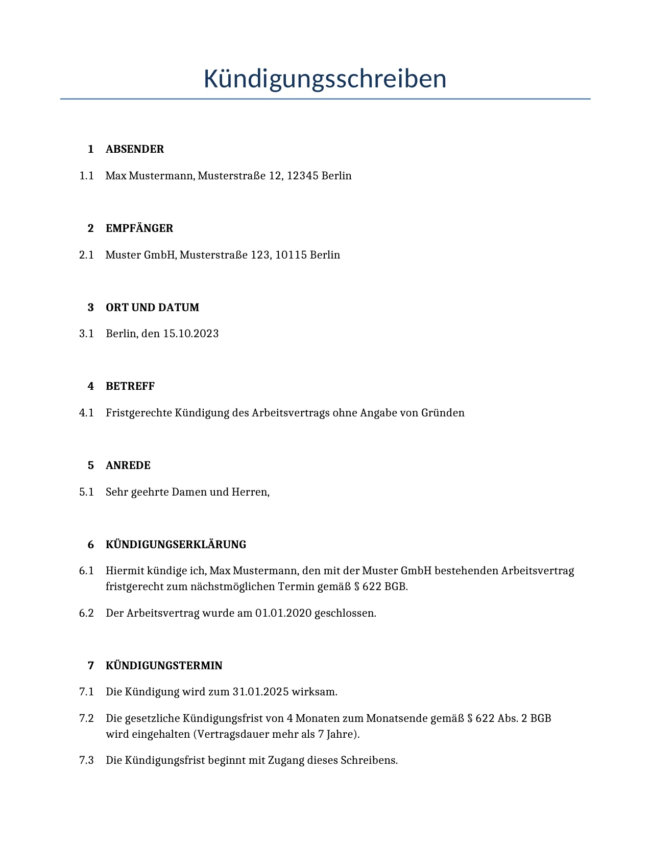 Beispiel für einen Kündigungsschreiben zur Verwendung in Deutschland, generiert von unserem KI-Modell.
