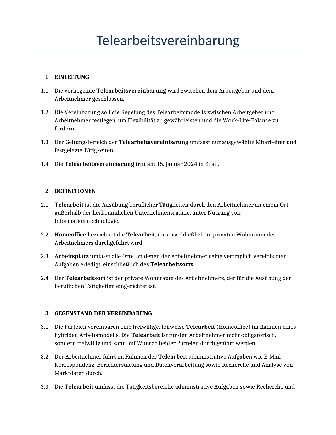 Beispiel für einen Telearbeitsvereinbarung zur Verwendung in Deutschland, generiert von unserem KI-Modell.