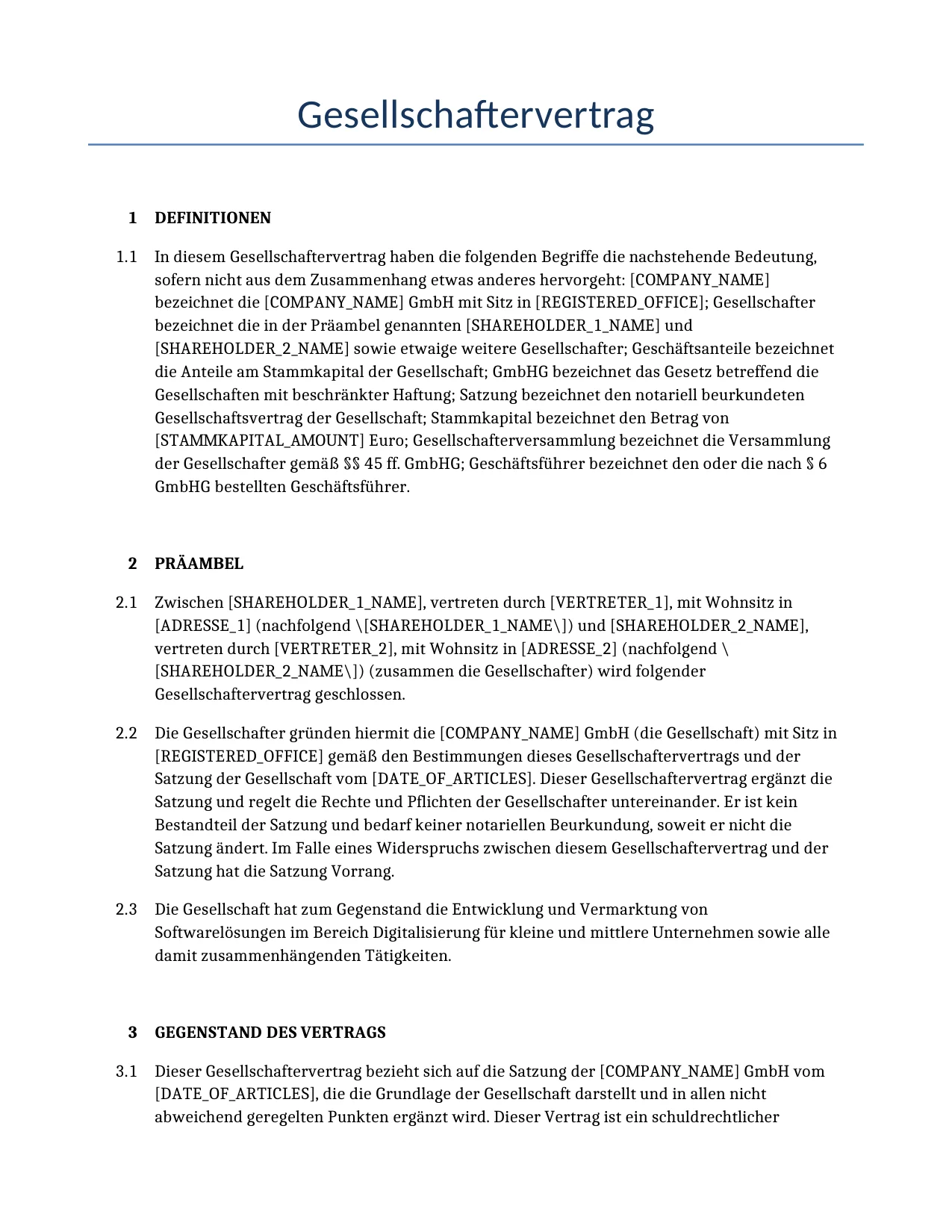 Beispiel für einen Gesellschaftervertrag zur Verwendung in Deutschland, generiert von unserem KI-Modell.