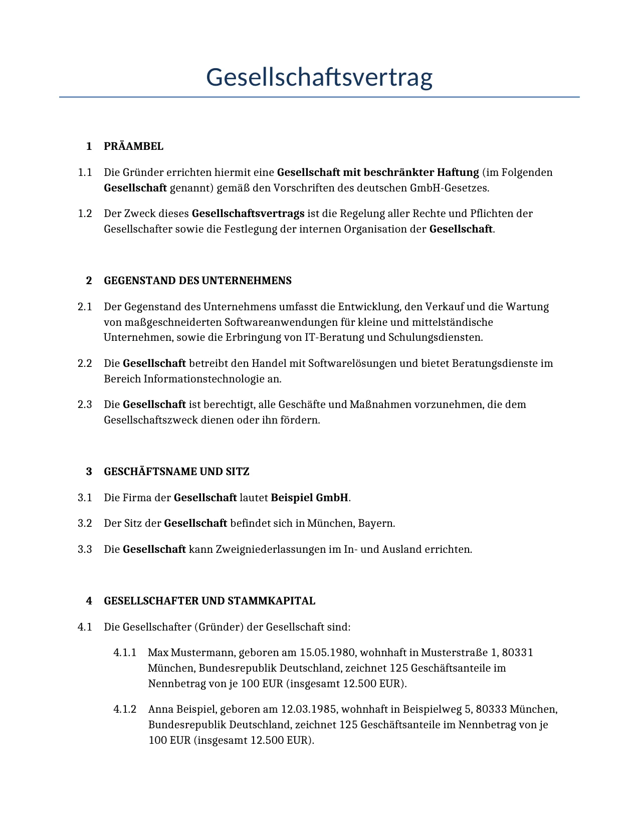 Beispiel für einen Gesellschaftsvertrag zur Verwendung in Deutschland, generiert von unserem KI-Modell.
