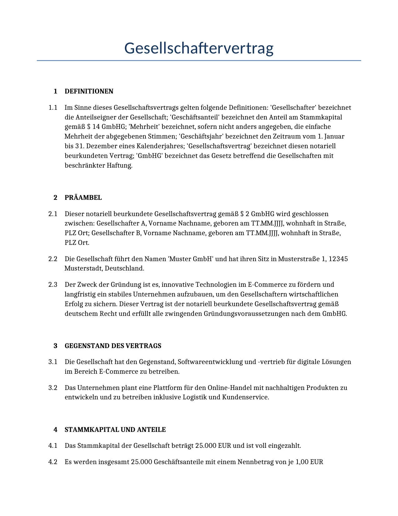 Beispiel für einen Gesellschaftervertrag zur Verwendung in Deutschland, generiert von unserem KI-Modell.