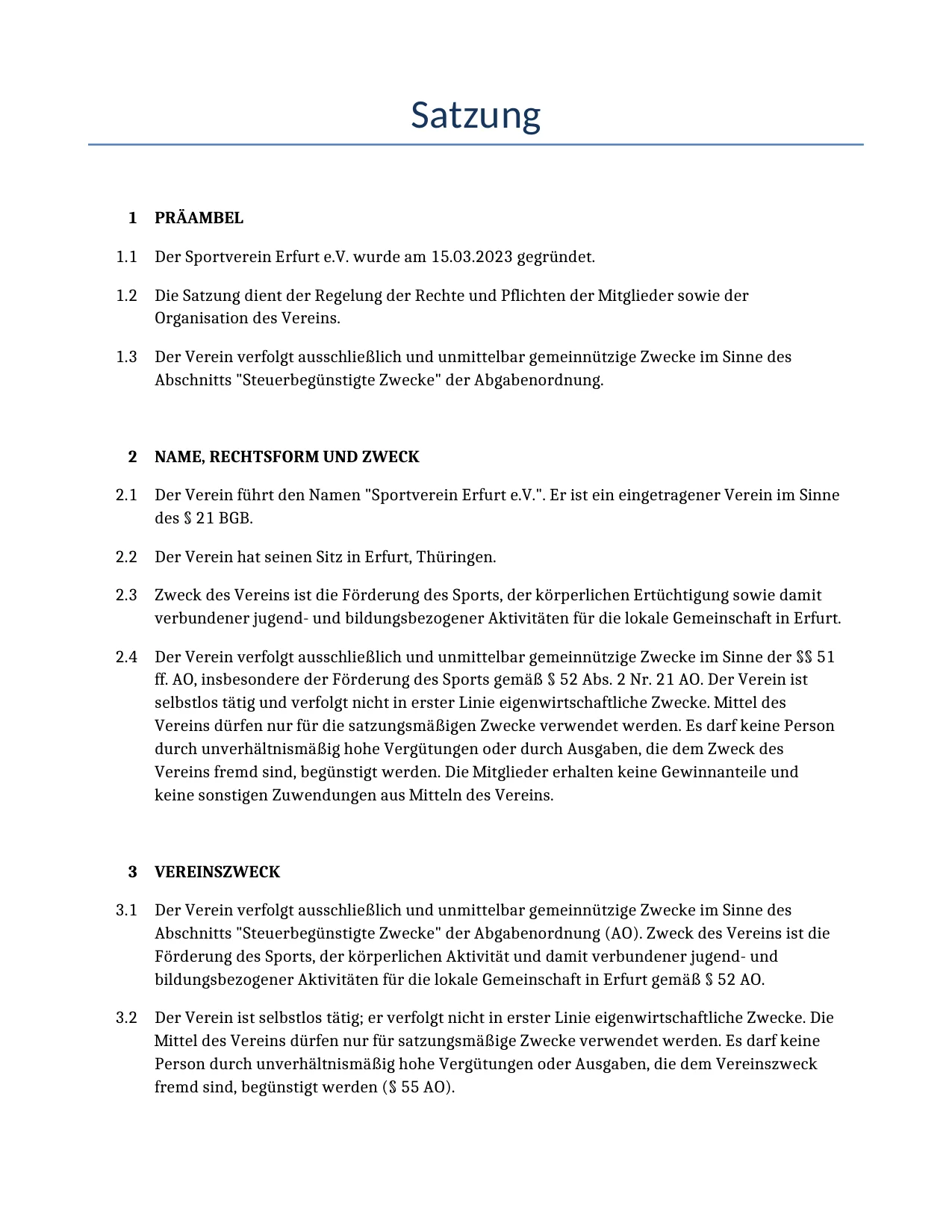 Beispiel für einen Satzung zur Verwendung in Deutschland, generiert von unserem KI-Modell.