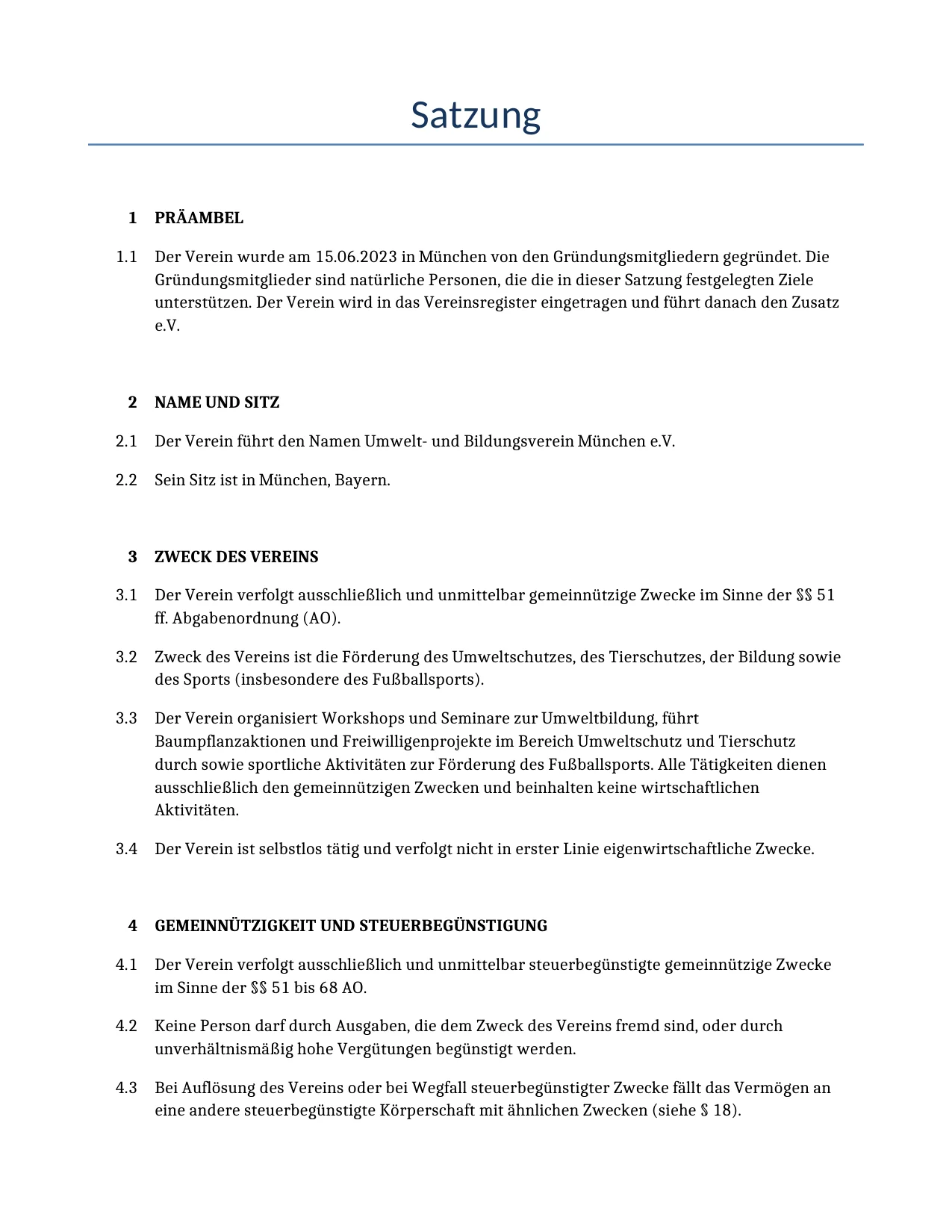 Beispiel für einen Satzung zur Verwendung in Deutschland, generiert von unserem KI-Modell.