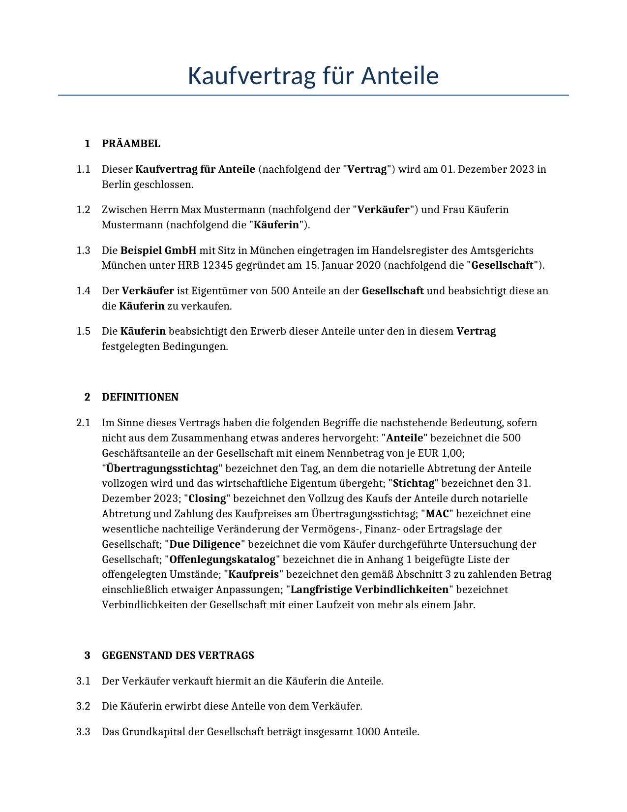 Beispiel für einen Kaufvertrag für Anteile zur Verwendung in Deutschland, generiert von unserem KI-Modell.
