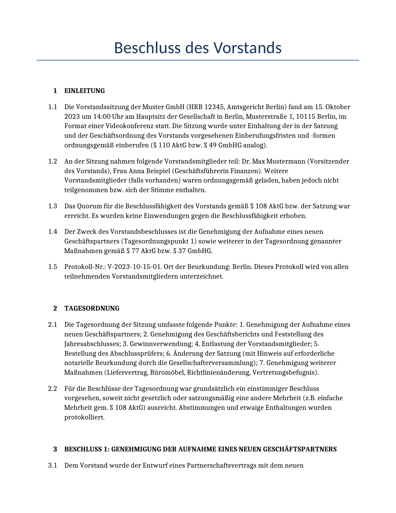 Beispiel für einen Beschluss des Vorstands zur Verwendung in Deutschland, generiert von unserem KI-Modell.