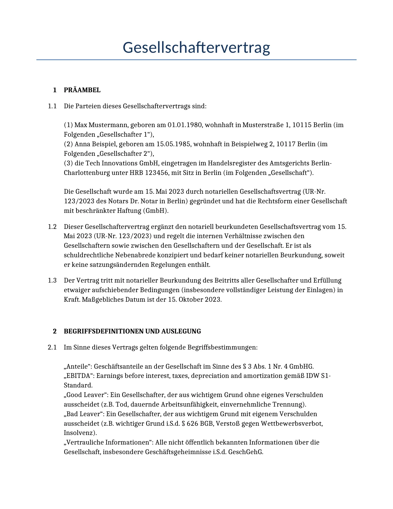 Beispiel für einen Gesellschaftervertrag zur Verwendung in Deutschland, generiert von unserem KI-Modell.