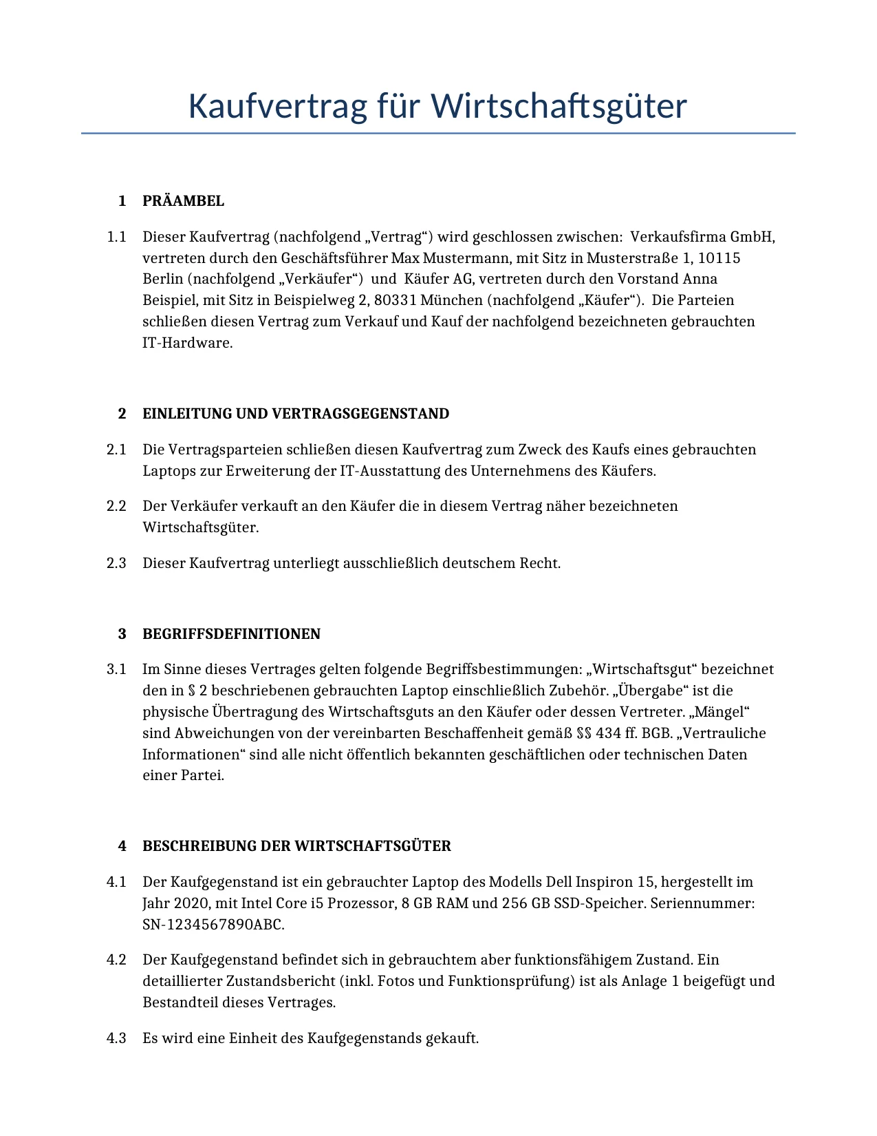 Beispiel für einen Kaufvertrag für Wirtschaftsgüter zur Verwendung in Deutschland, generiert von unserem KI-Modell.