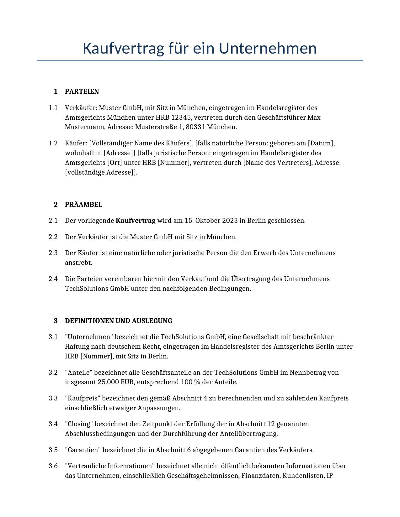 Beispiel für einen Kaufvertrag für ein Unternehmen zur Verwendung in Deutschland, generiert von unserem KI-Modell.