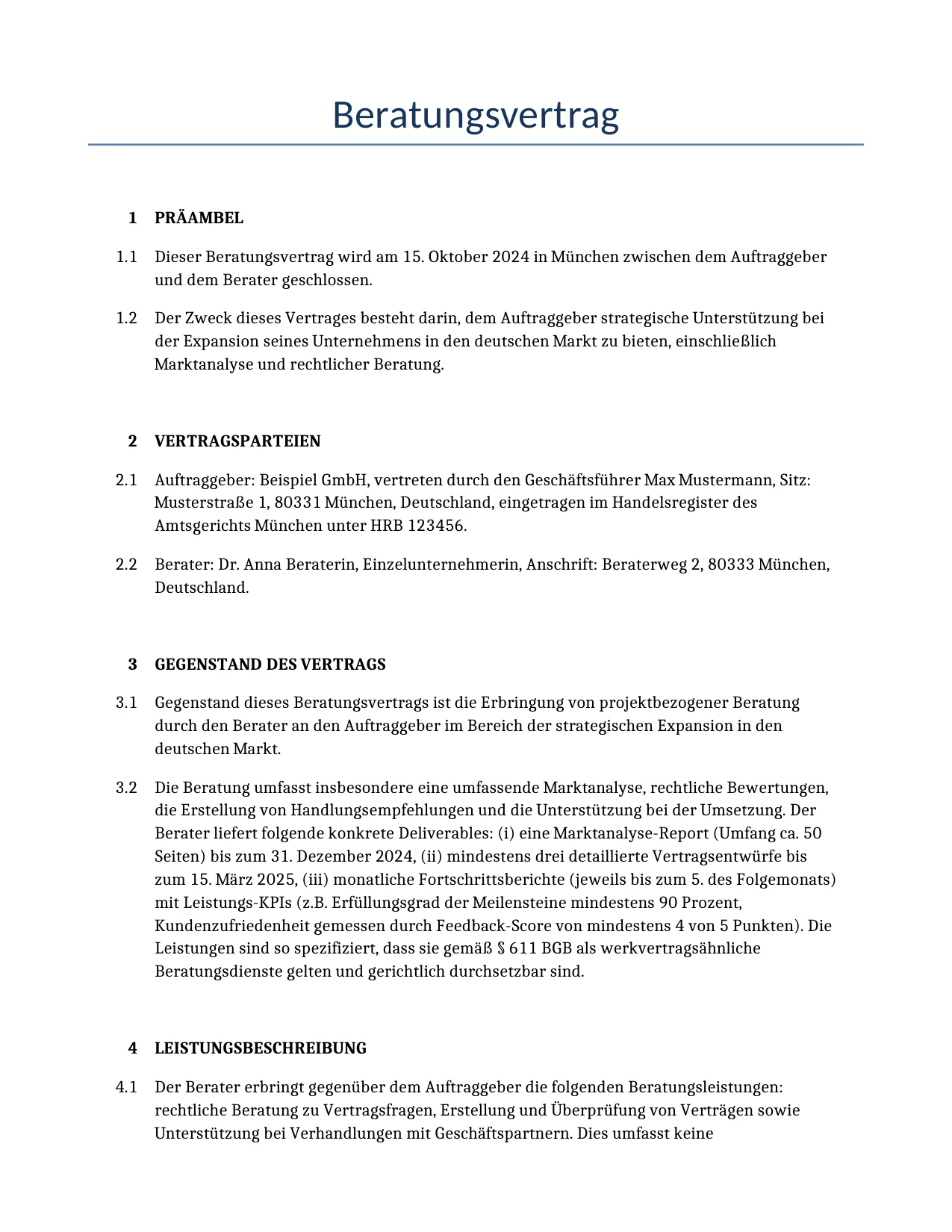 Beispiel für einen Beratungsvertrag zur Verwendung in Deutschland, generiert von unserem KI-Modell.