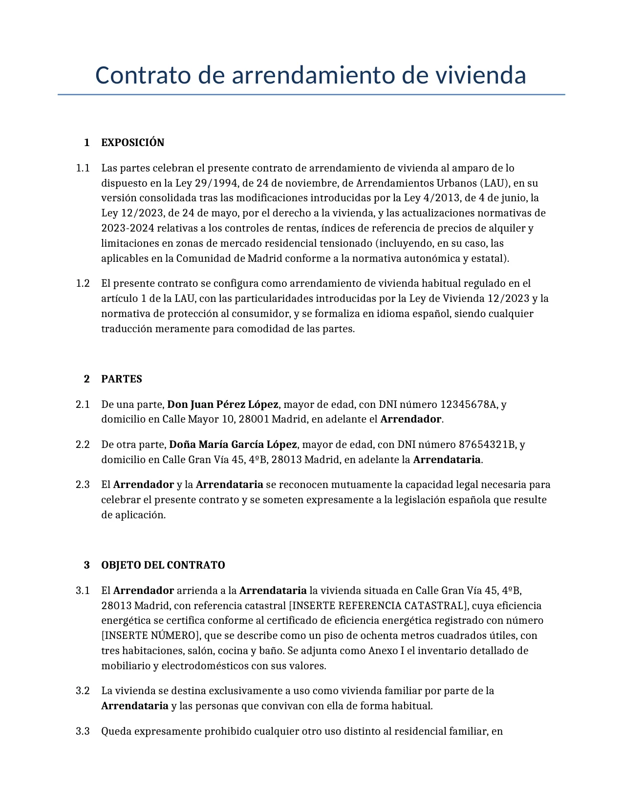 Ejemplo de un Contrato de arrendamiento de vivienda para usar en España generado por nuestro modelo de IA.