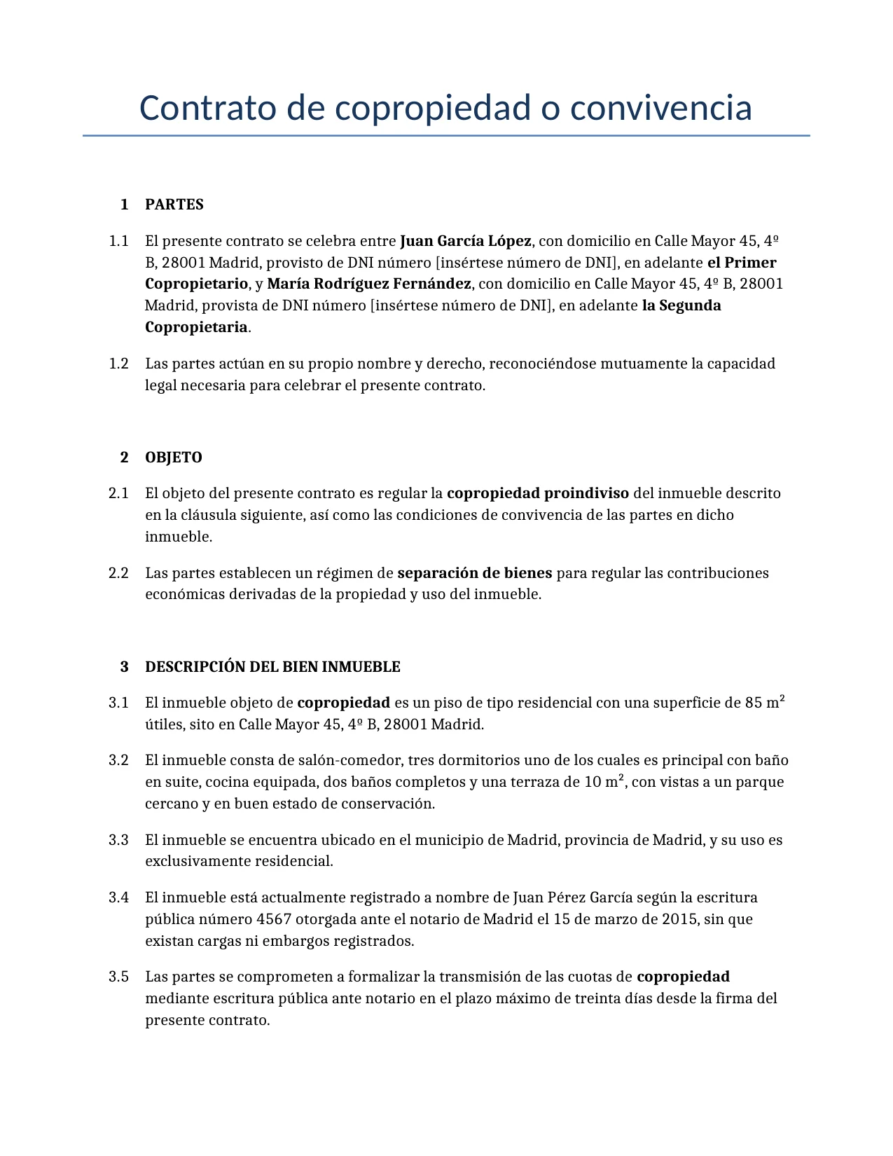 Ejemplo de un Contrato de copropiedad o convivencia para usar en España generado por nuestro modelo de IA.