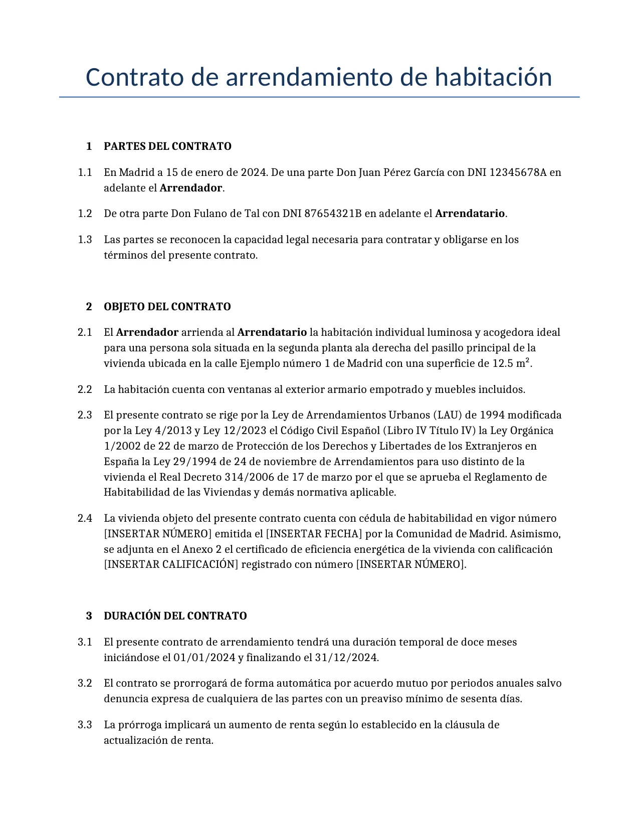 Ejemplo de un Contrato de arrendamiento de habitación para usar en España generado por nuestro modelo de IA.