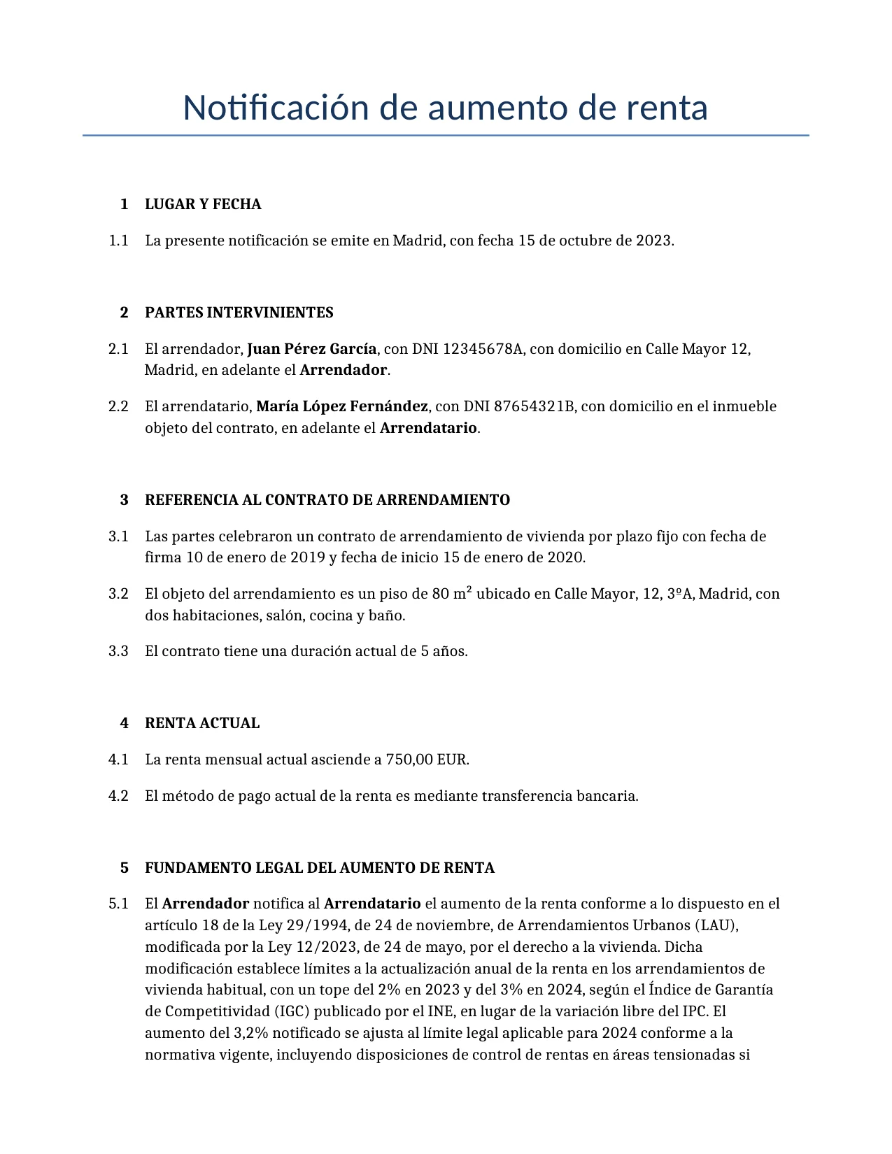 Ejemplo de un Notificación de aumento de renta para usar en España generado por nuestro modelo de IA.